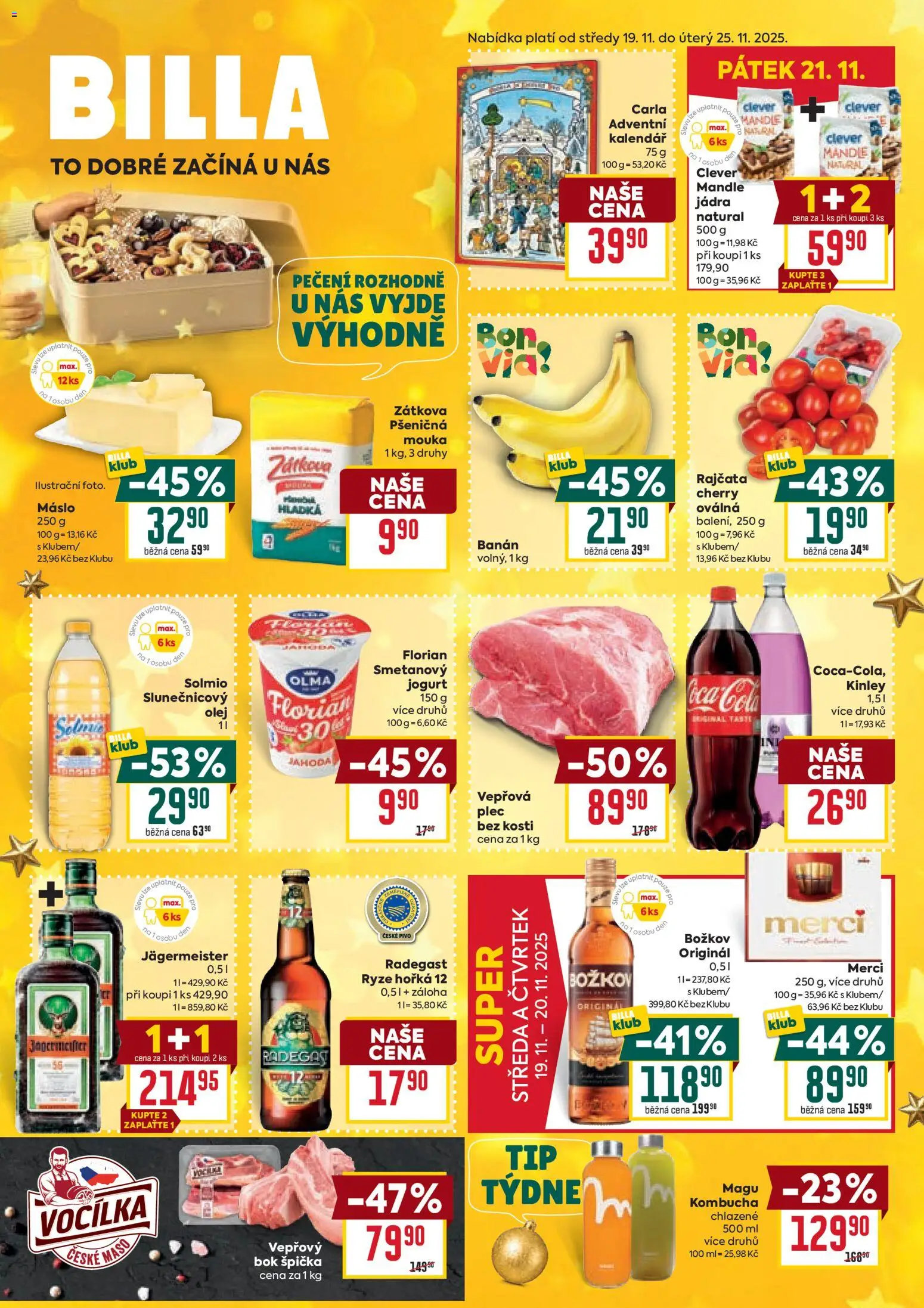 Billa Malý leták od 19.11.2025 | Strana: 1 | Produkty: Jägermeister, Máslo, Kombucha, Pivo