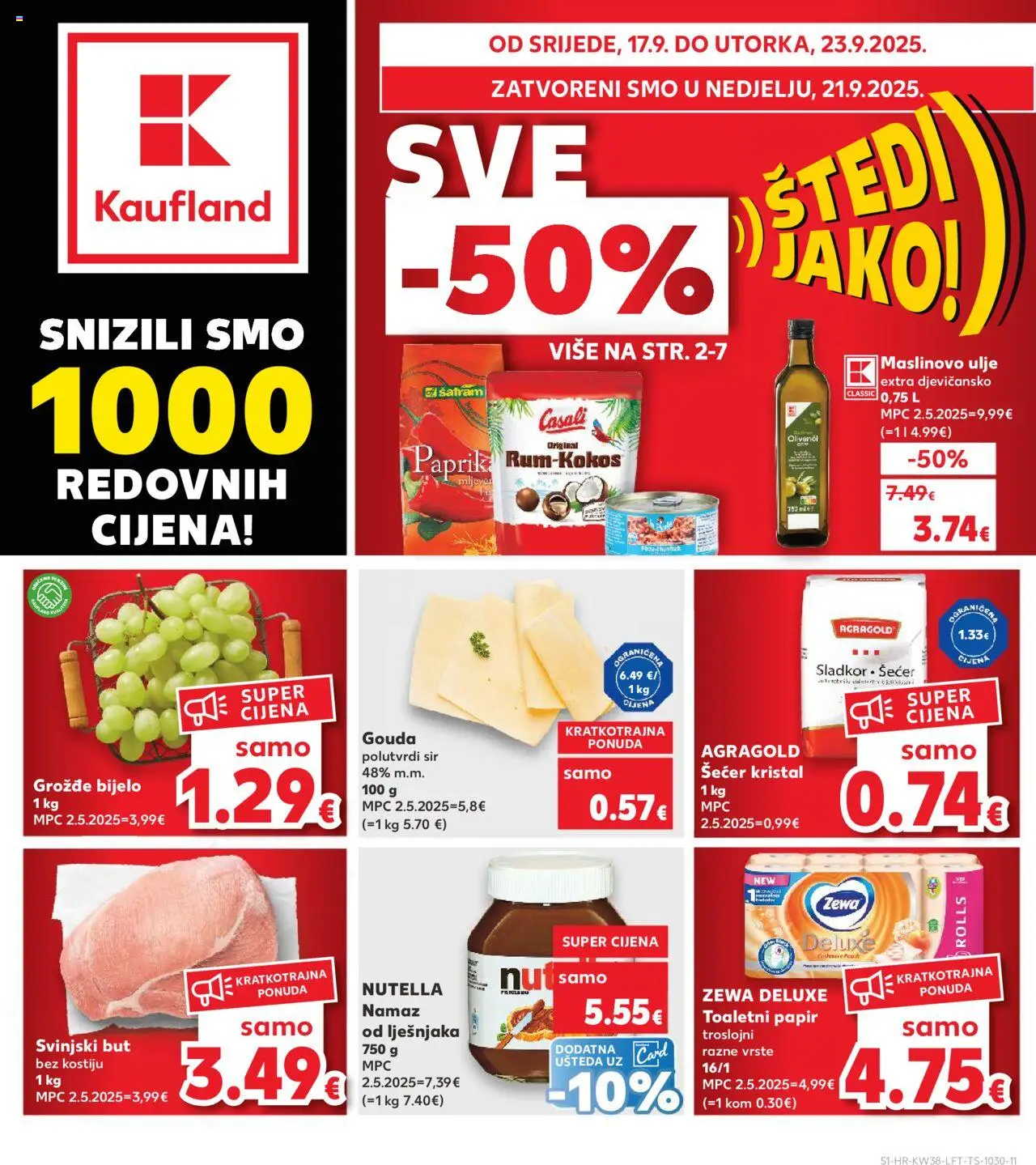 Kaufland katalog | vrijedi od 17.09.2025 | Stranica: 1 | Proizvodi: Nutella, Šećer kristal, Svinjski but, Zewa