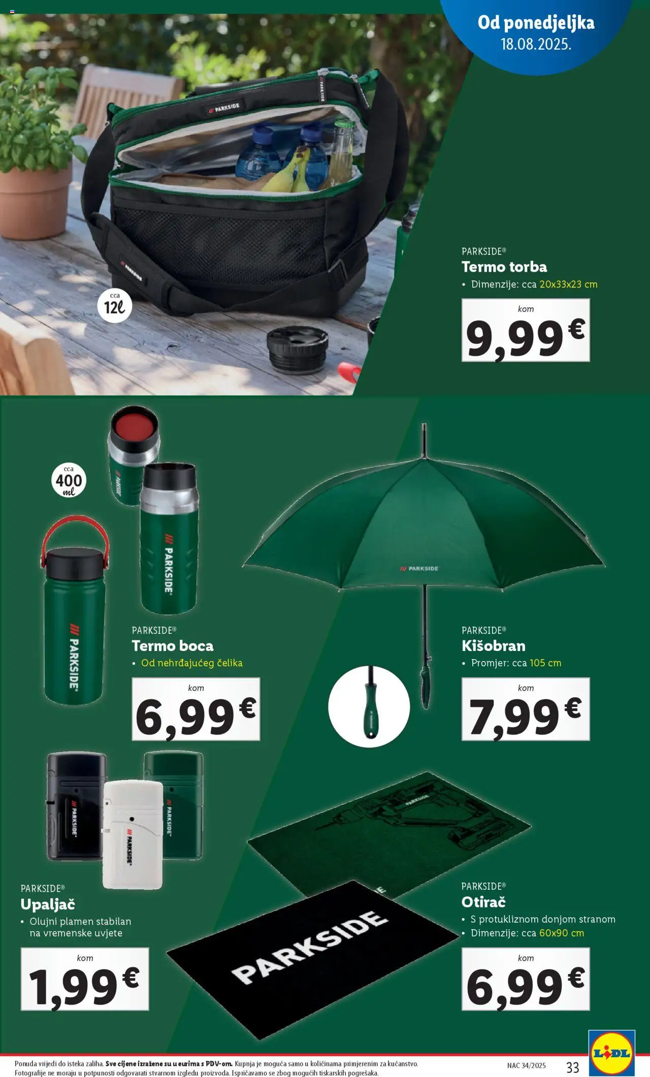 Lidl katalog | vrijedi od 18.08.2025 | Stranica: 33 | Proizvodi: Otirač, Upaljač, Kišobran, Torba