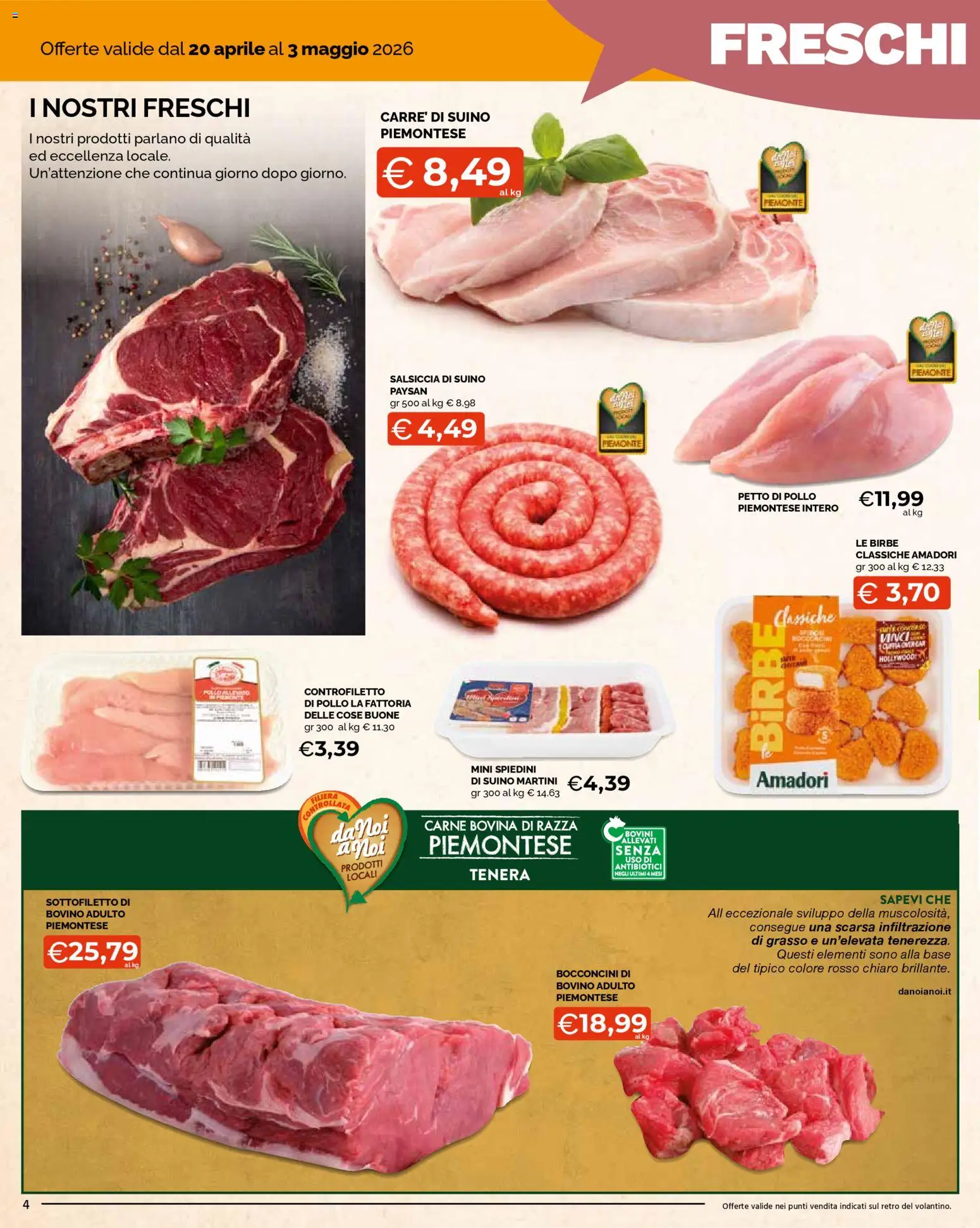 Volantino Mercatò del 20.04.2026 | Pagina: 4 | Prodotti: Bovino, Petto di Pollo, Suino, Spiedini