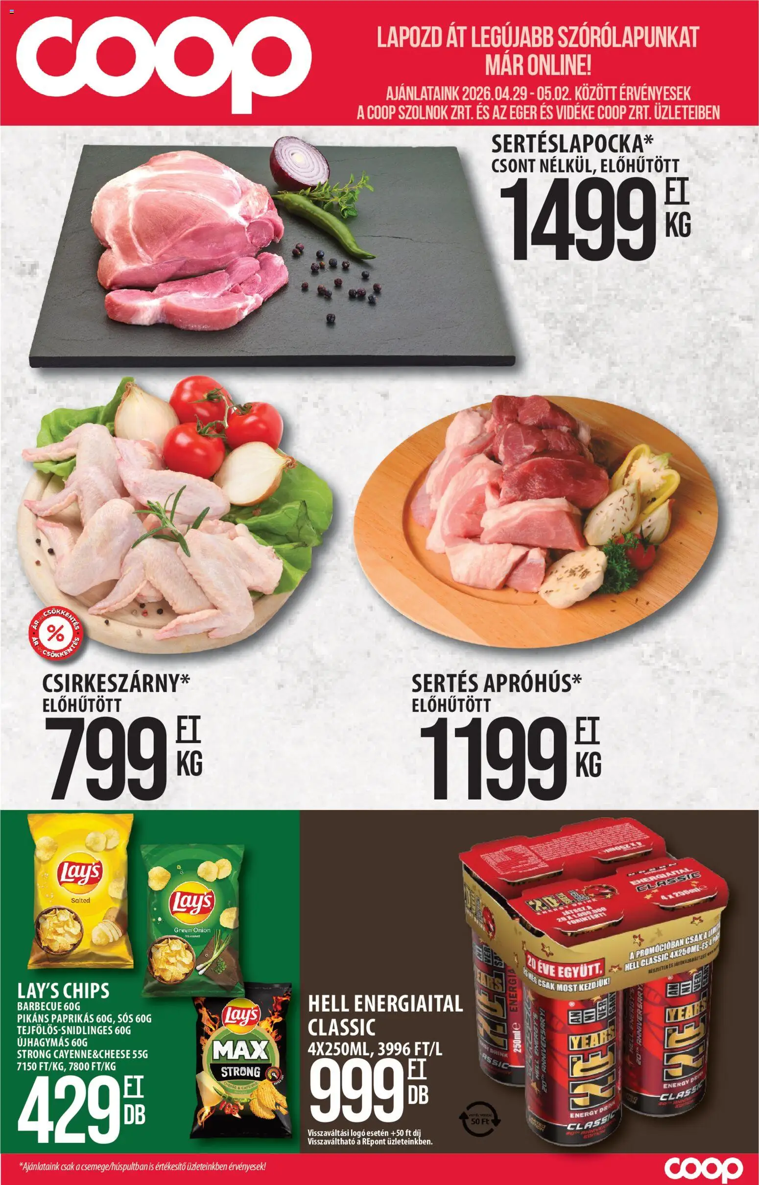 COOP Szolnok akciós ujság - amely érvényes a következő dátumtól: 29.04.2026 | Oldal: 1 | Termékek: Chips, Egér, Energiaital