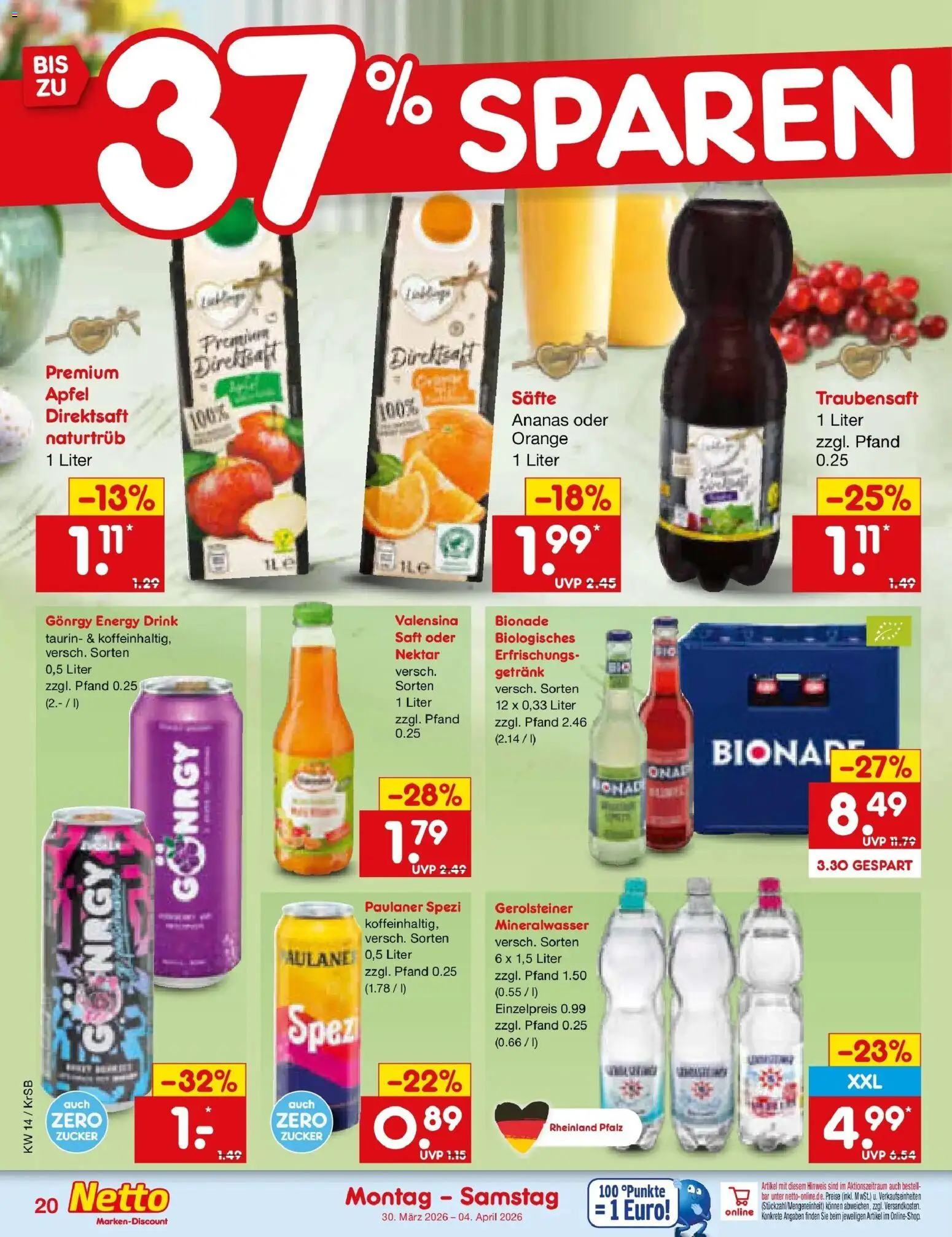 Netto Marken-Discount Prospekt Jüchen	 – gültig ab 30.03.2026 | Seite: 24 | Produkte: Paulaner spezi, Äpfel, Saft, Gerolsteiner