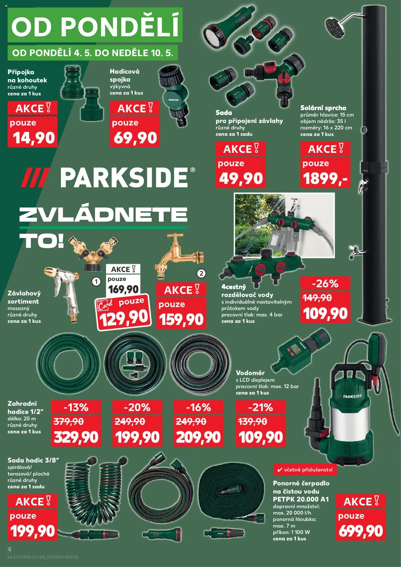 Kaufland leták - Kolín od 29.04.2026 | Strana: 4 | Produkty: Parkside, Solární sprcha, Hadice, Čerpadlo