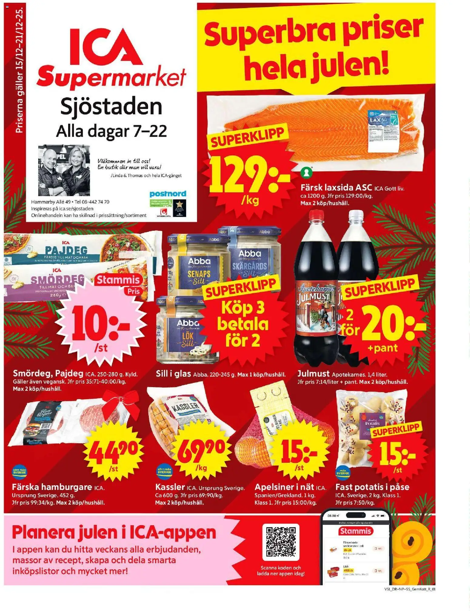 ICA Supermarket reklamblad aktuell från 15.12.2025 | Sida: 1 | Produkter: Kassler, Hamburgare, Lax, Fanta
