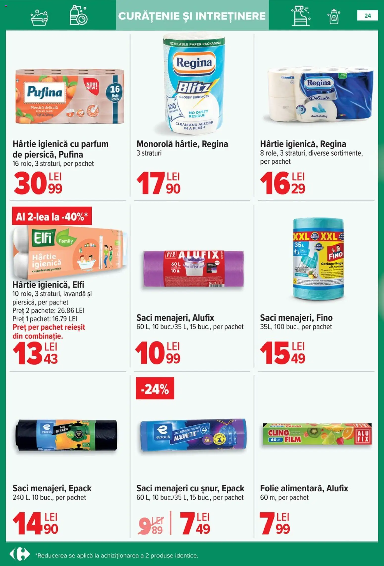 Noul catalog Carrefour – valabil de la 14.01.2026 | Pagină: 24 | Produse: Piersică, Saci menajeri, Role, Parfum