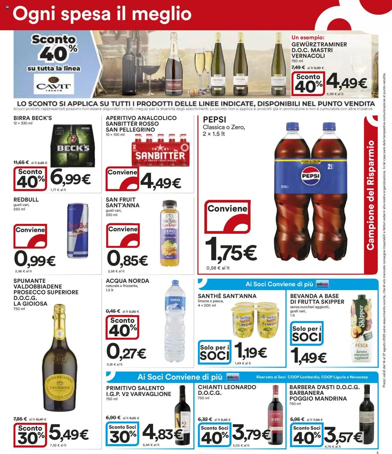 Volantino Ipercoop del 14.08.2025 | Pagina: 5 | Prodotti: Prosecco, Pesca, Spumante, Pepsi