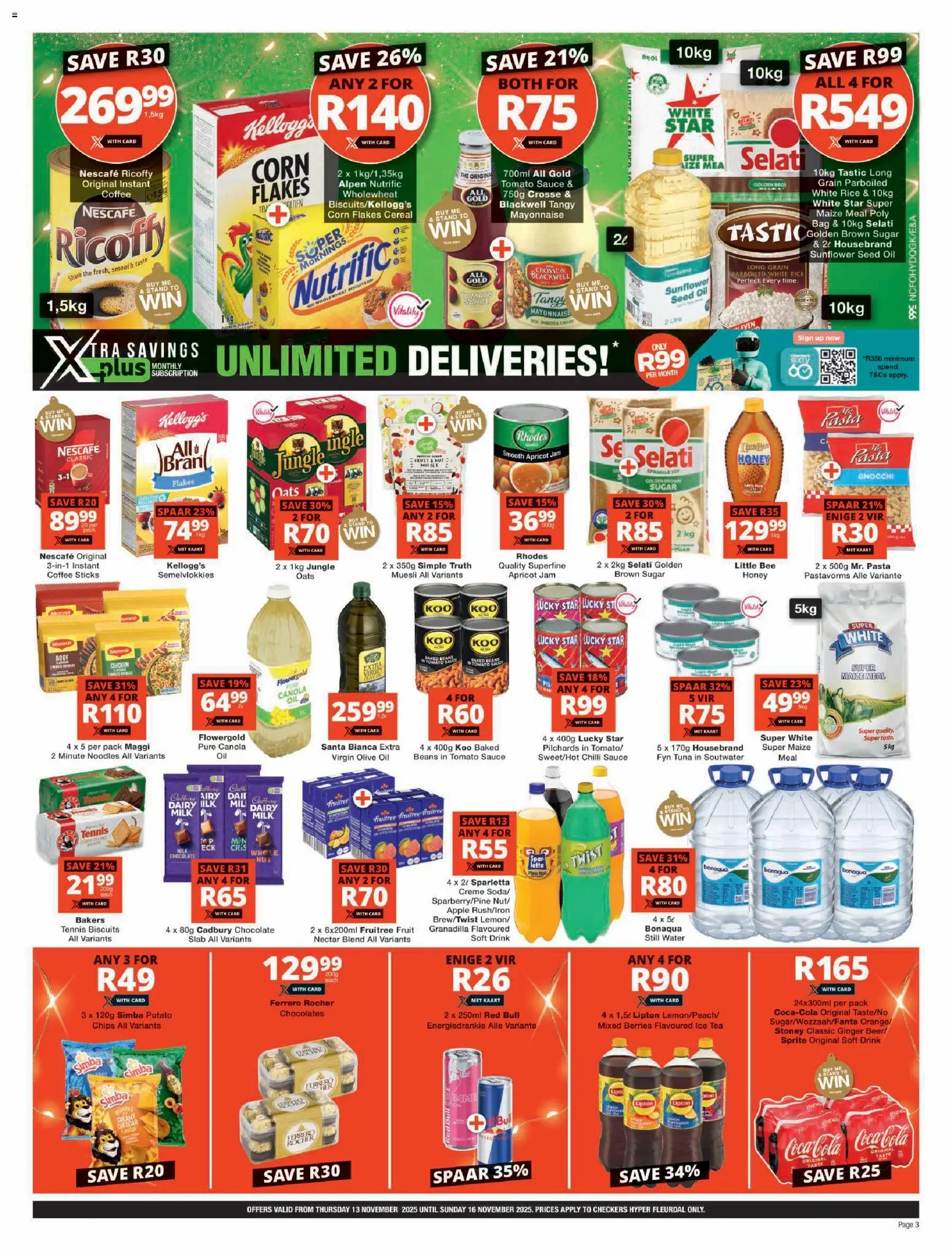 New Checkers catalogue – valid from 13.11.2025 | Page: 3 | Products: Baked beans, Oats, Oil, Water