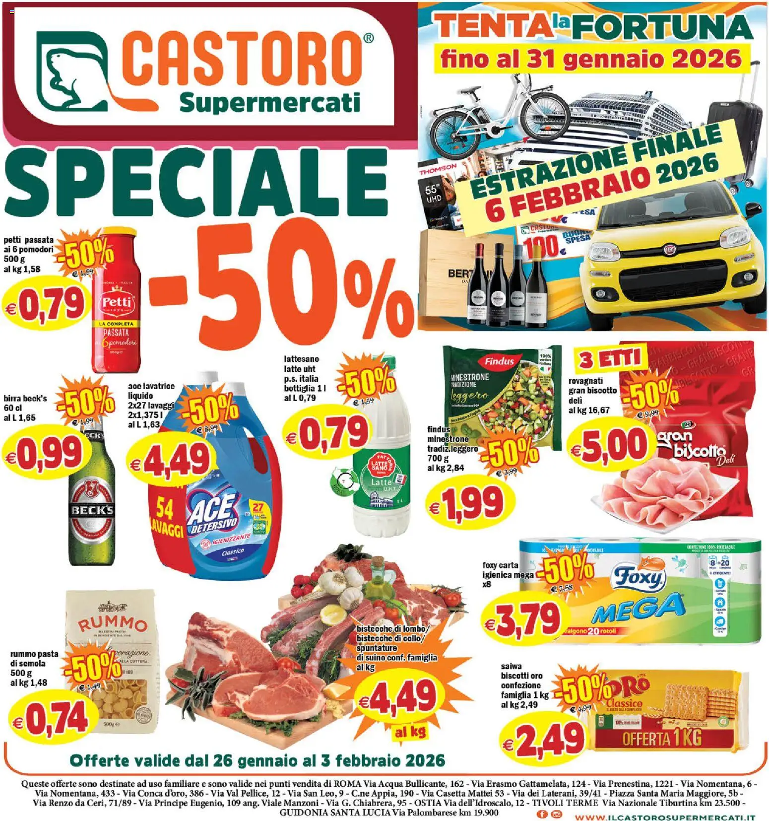 Volantino Il Castoro del 26.01.2026 | Pagina: 1 | Prodotti: Acqua, Suino, Pomodori, Lavatrice