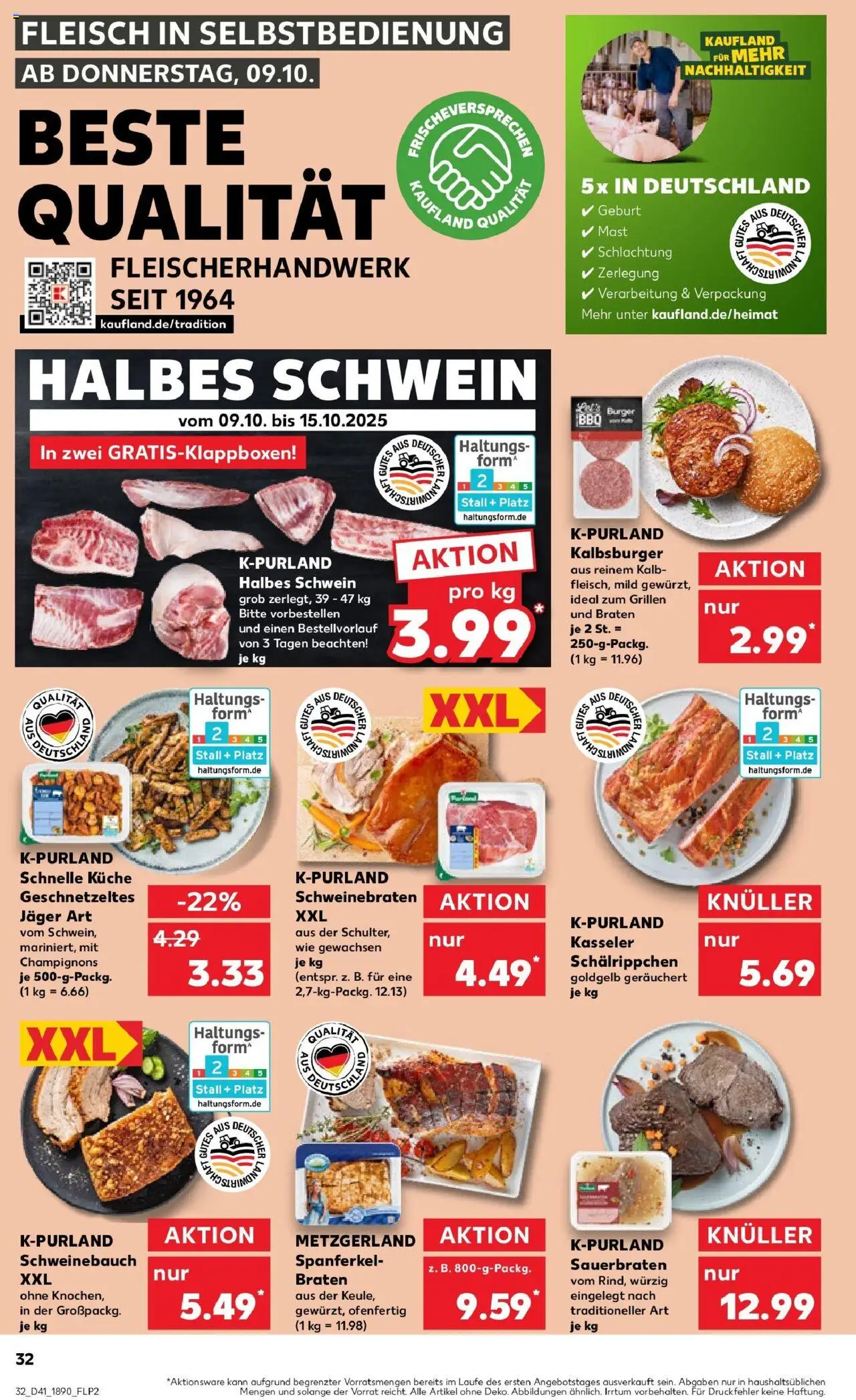 Kaufland prospekt Schmelz	 – gültig ab 13.10.2025 | Seite: 32 | Produkte: Schweinebauch, Küche, Burger, Fleisch