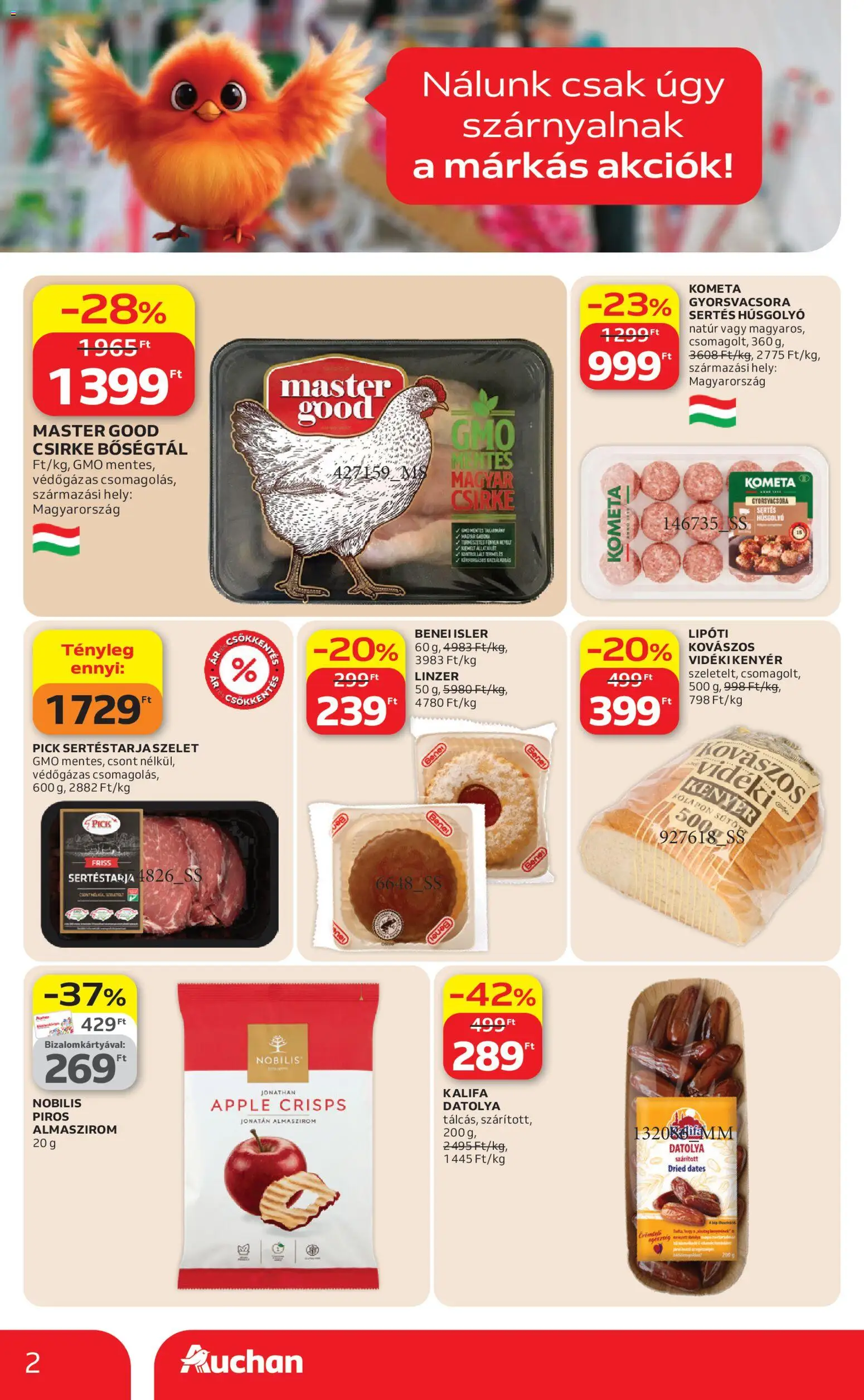 Auchan akciós ujság - amely érvényes a következő dátumtól: 09.04.2026 | Oldal: 2 | Termékek: Datolya, Sertéstarja, Pick, Linzer