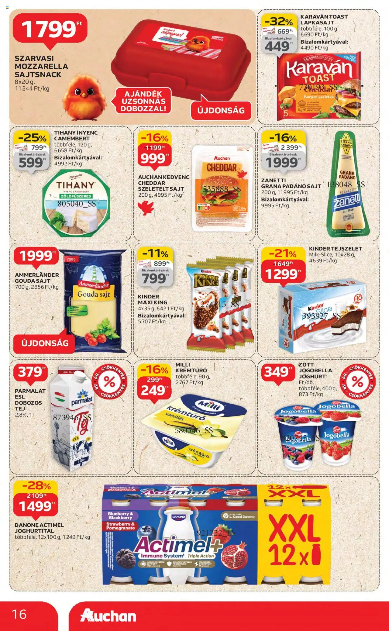 Auchan akciós ujság - amely érvényes a következő dátumtól: 21.08.2025 | Oldal: 16 | Termékek: Actimel, Gouda, Tihany, Grana padano