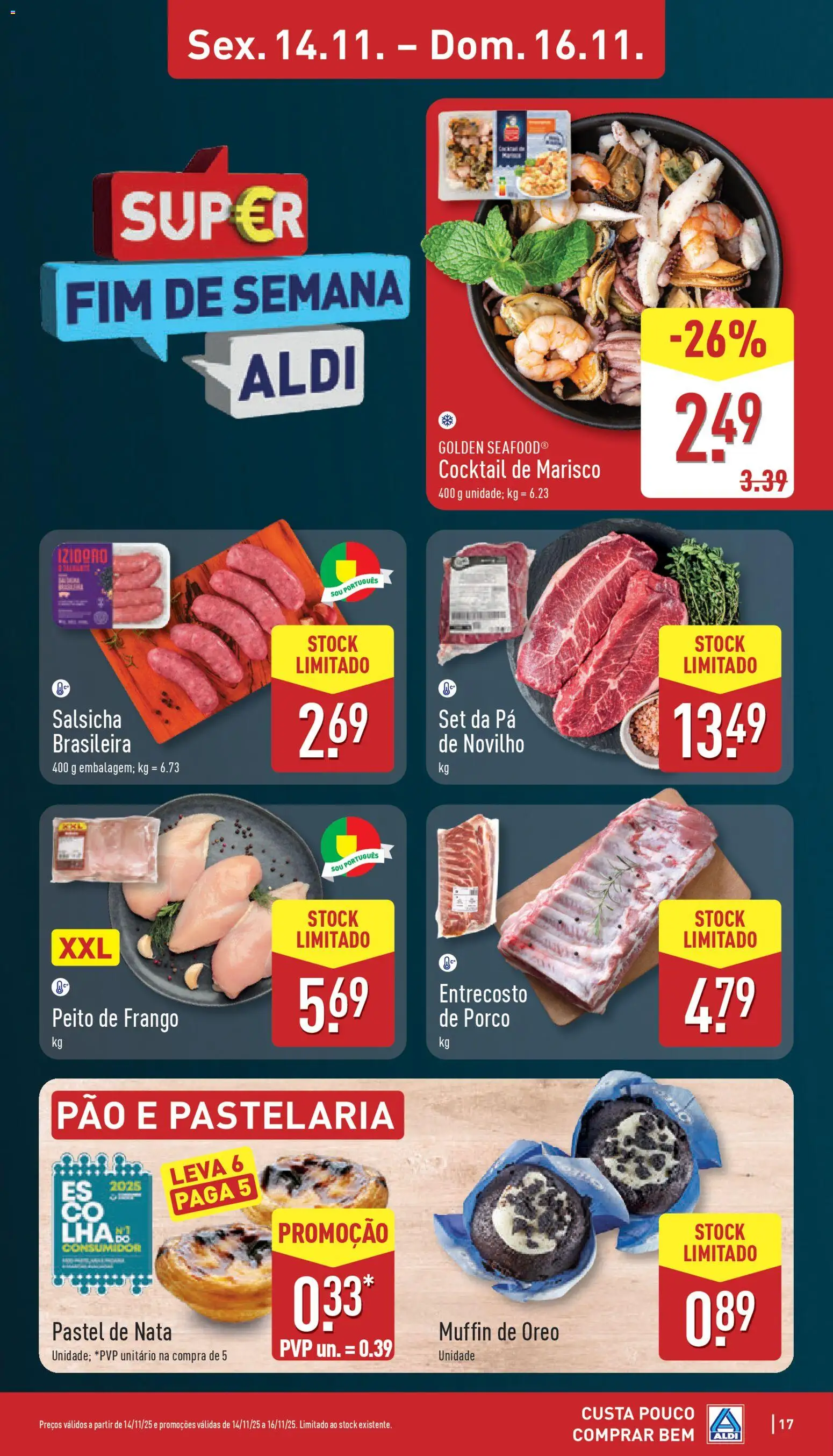 Aldi folheto │ válido de 10.11.2025 | Página: 17 | Produtos: Salsicha, Pão, Nata, Pá
