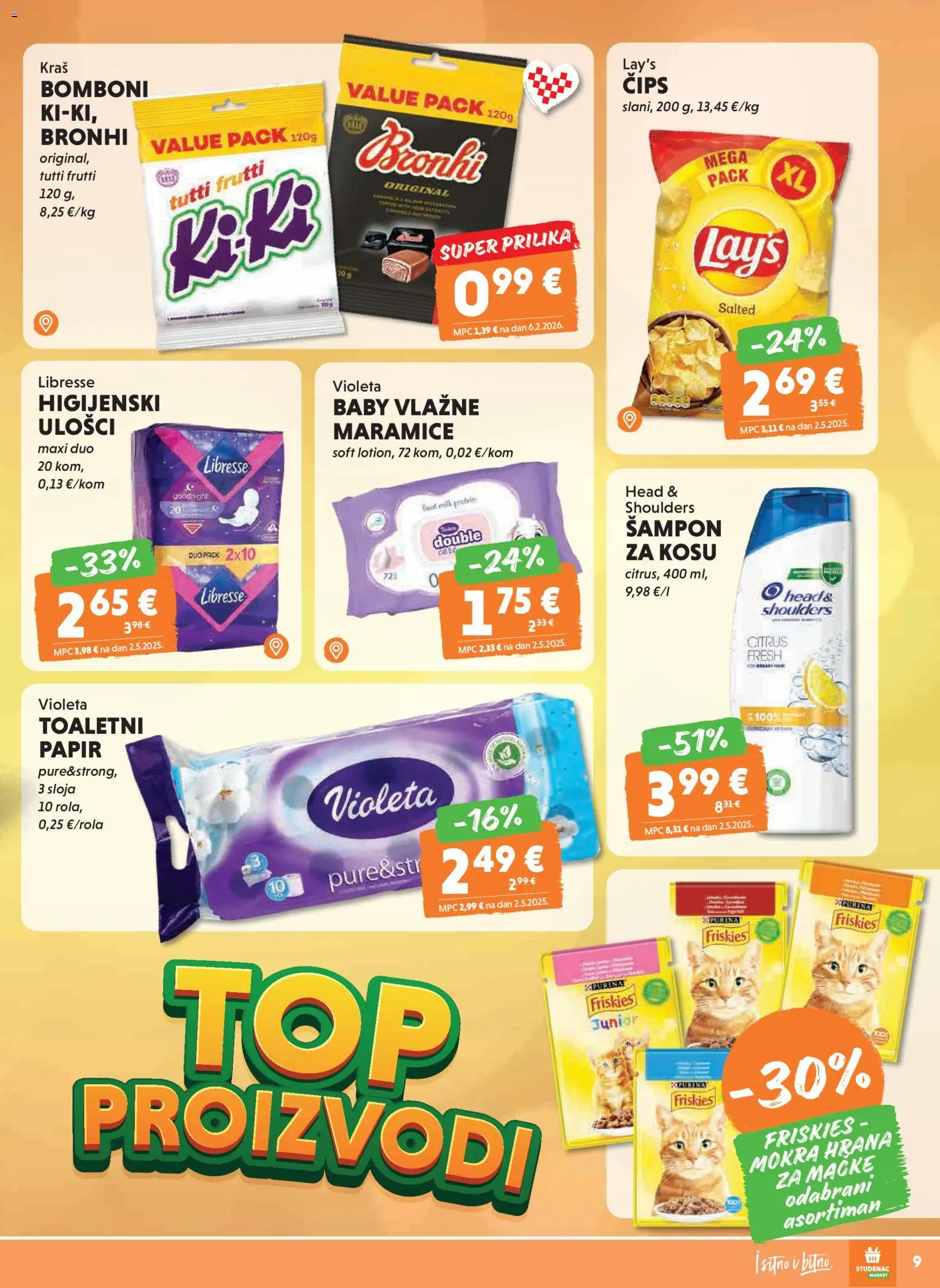 Studenac katalog | vrijedi od 25.02.2026 | Stranica: 9 | Proizvodi: Šampon, Vlažne maramice, Bomboni, Čips