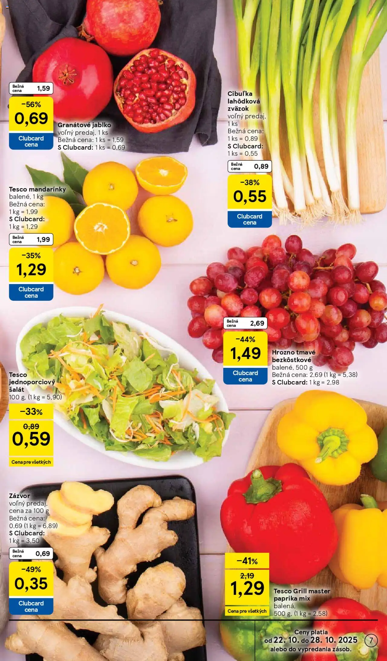Nové Tesco akcie – leták je platný od 22.10.2025 | Strana: 7 | Produkty: Paprika, Zázvor, Mandarinky, Šalát