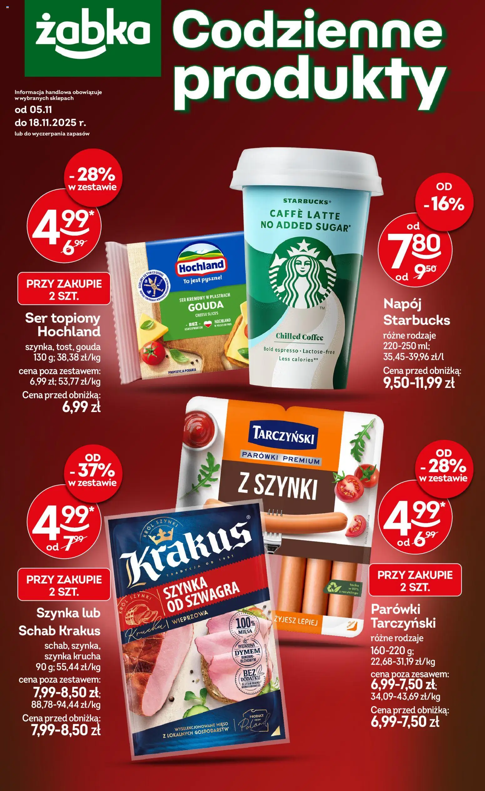 Żabka Gazetka - Codzienne produkty od 05.11.2025 | Strona: 1 | Produkty: Ser topiony, Schab, Mięso, Parówki