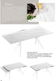 ESSTISCH „ROUEN“, Keramikplatte ca. 10 mm stark, weiße Marmoroptik mit mattem Finish, ausziehbar von 140-200 cm, Höhe ca. 75 cm, Tiefe ca. 82 cm, weißes Metallgestell matt, Art.91958 – gültig ab 16.04.2025 | Seite: 4 | Produkte: Esstisch, Tisch