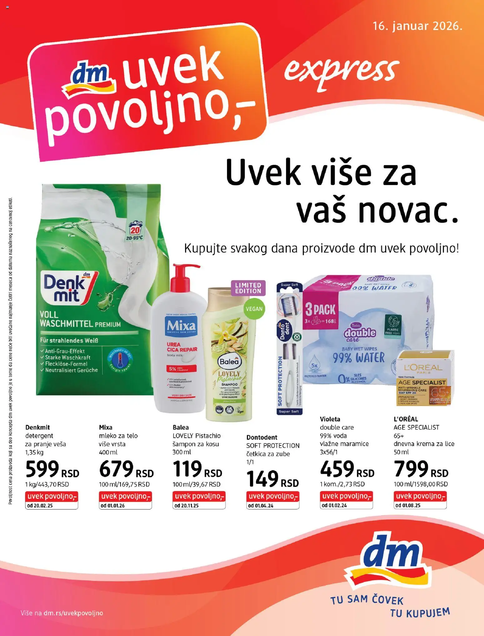 DM Drogerie katalog - važi od 16.01.2026 | Strana: 1 | Proizvode: Šampon, Voda, Mleko za telo, Četkica za zube