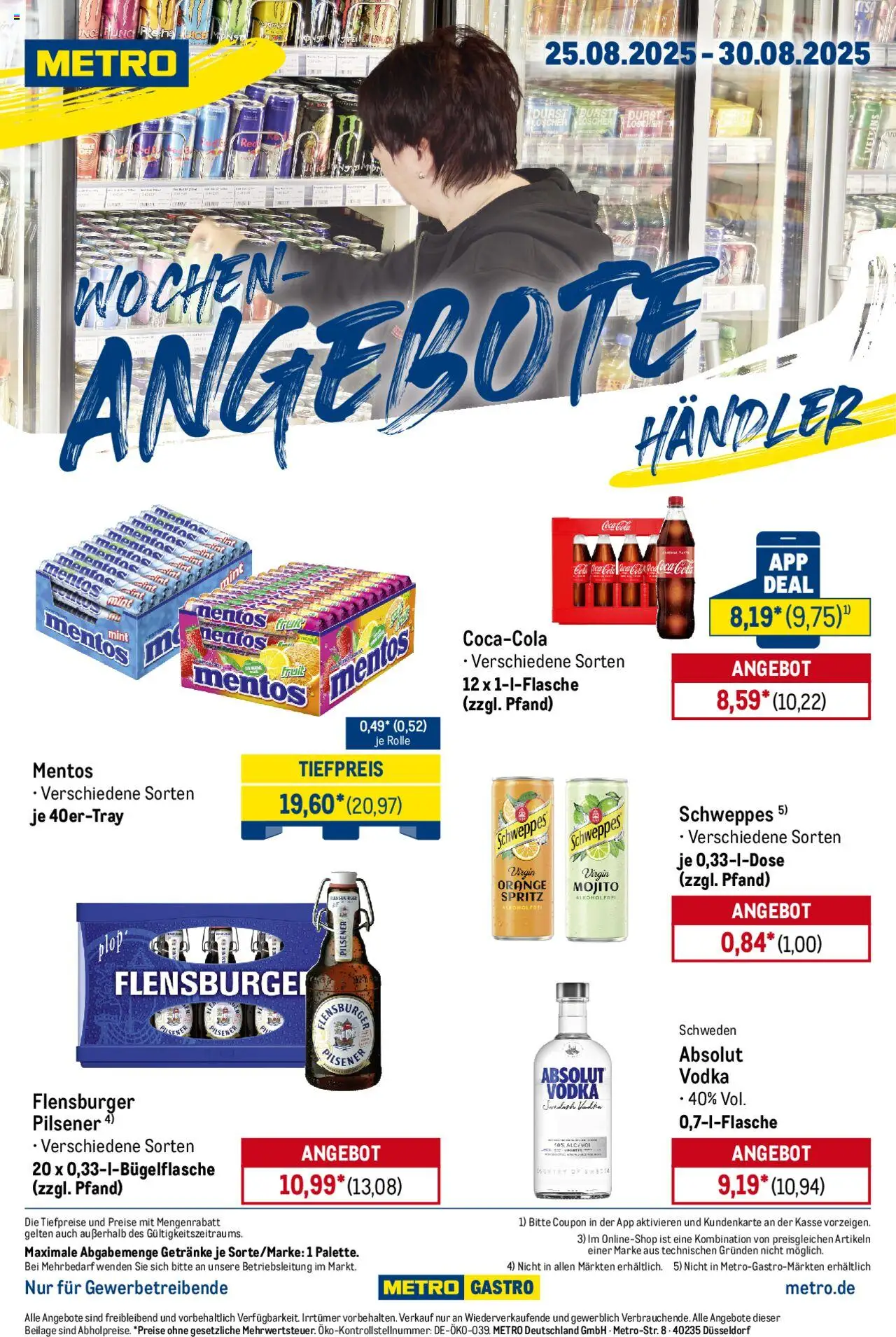 Metro Wochen-Angebote Händler - gültig ab dem 25.08.2025 | Seite: 1 | Produkte: Schweppes, Flensburger, Vodka