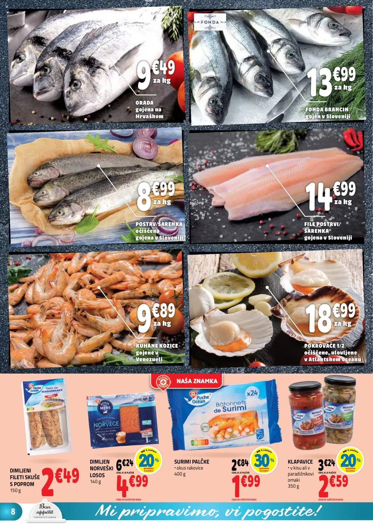 Novi E.leclerc katalog ponudbe – veljaven od 08.10.2025 | Stran: 8 | Izdelki: Kozice, Losos, Klapavice, Orada