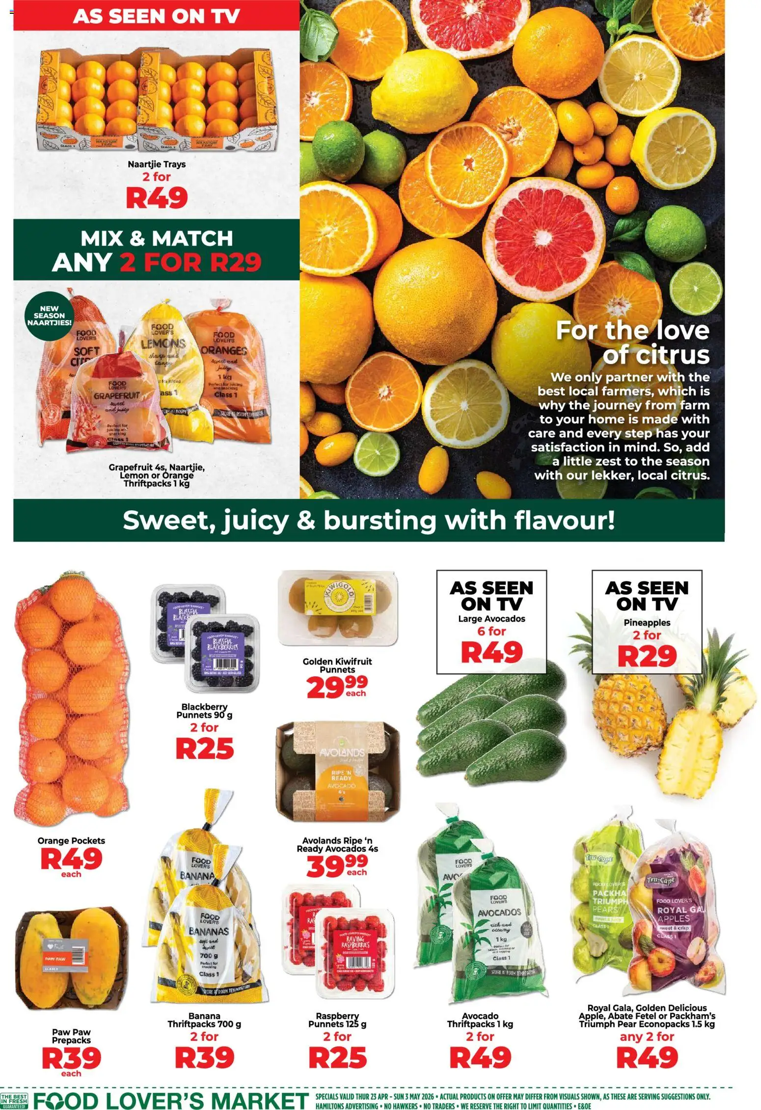 New Food Lover's Market catalogue – valid from 23.04.2026 | Page: 3 | Products: TV, Oranges, Avocados, Grapefruit