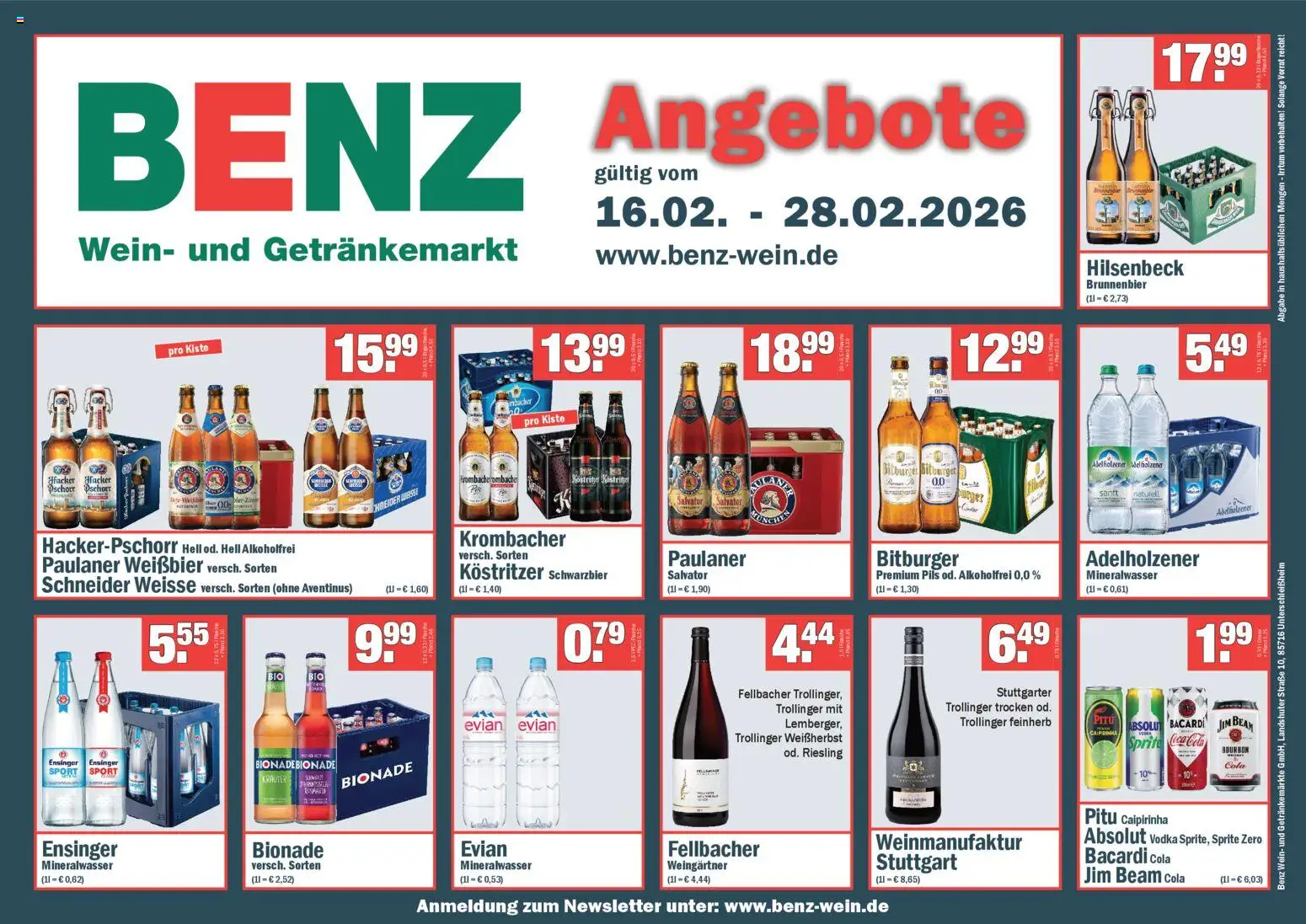 Benz Getränke Prospekt 	 – gültig ab 16.02.2026 | Seite: 1 | Produkte: Bacardi, Bionade, Krombacher, Vodka