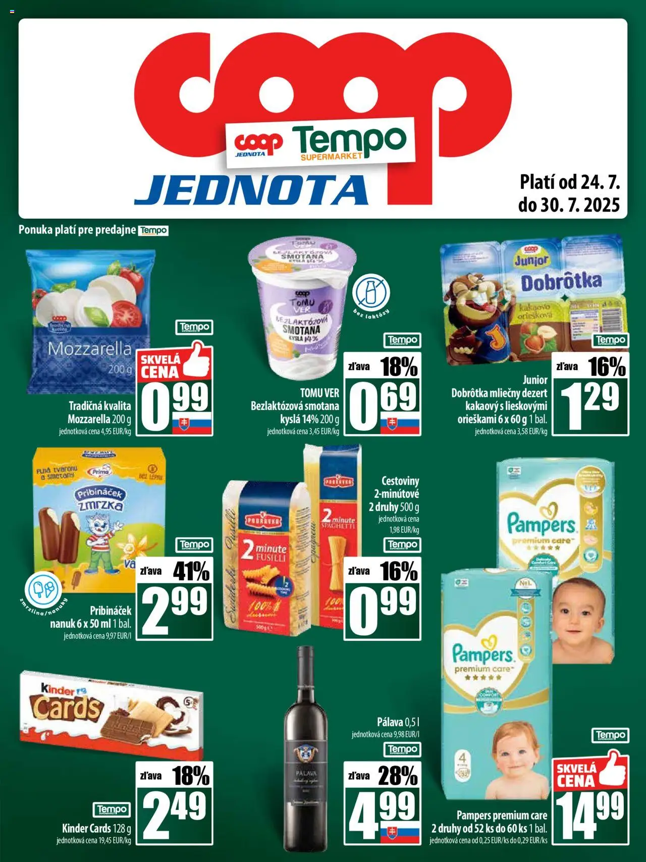 COOP Jednota leták │ platný od 24.07.2025 | Strana: 25 | Produkty: Cestoviny, Smotana, Pampers Premium Care, Kinder