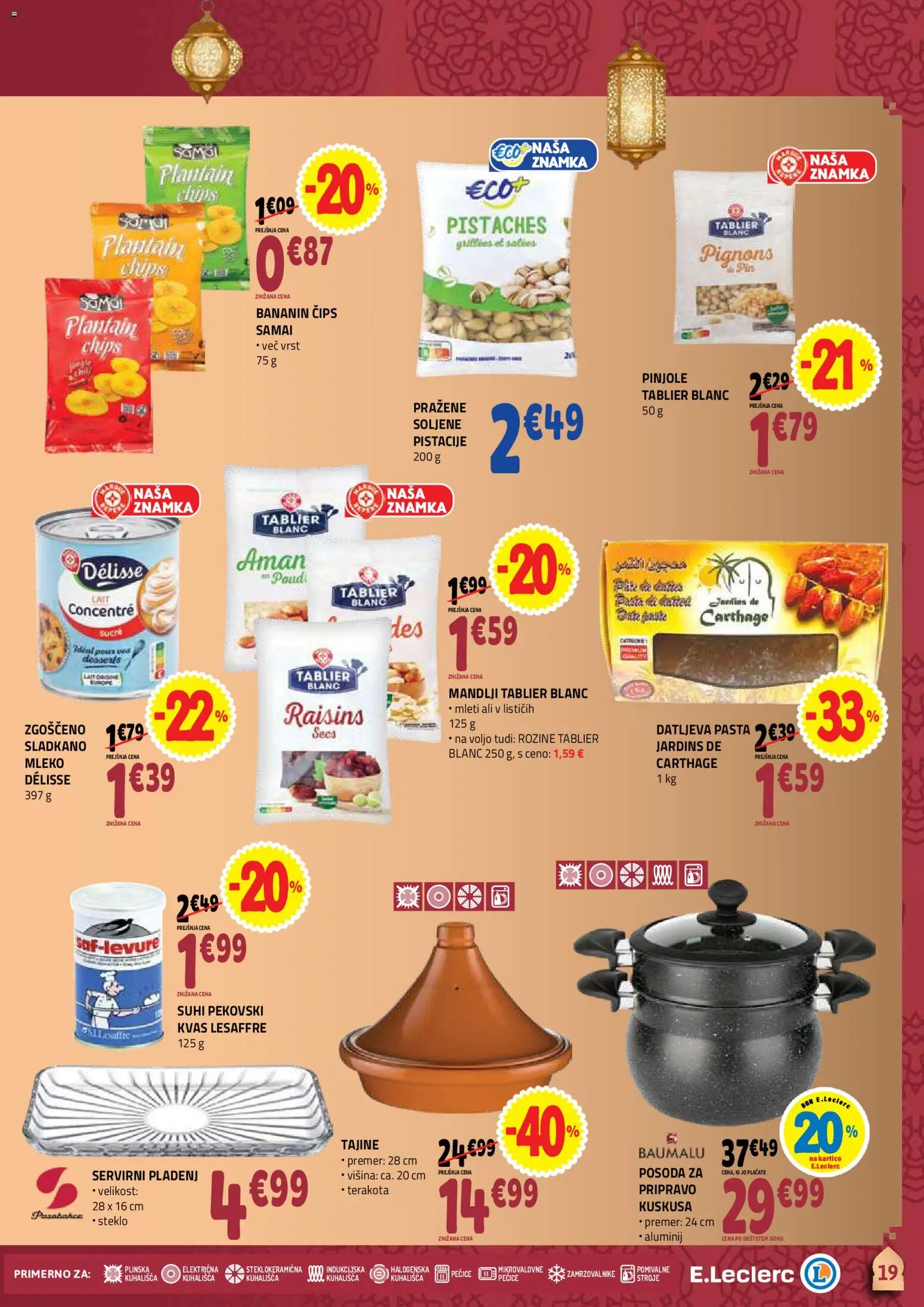 Novi E.leclerc katalog ponudbe – veljaven od 25.02.2026 | Stran: 19 | Izdelki: Mandlji, Pistacije, Cips, Rozine