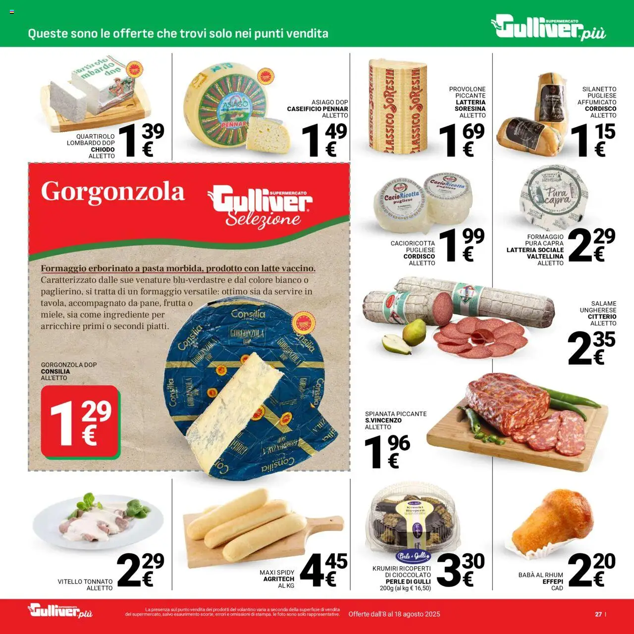 Volantino Gulliver del 08.08.2025 | Pagina: 27 | Prodotti: Salame, Pasta, Vitello, Gorgonzola