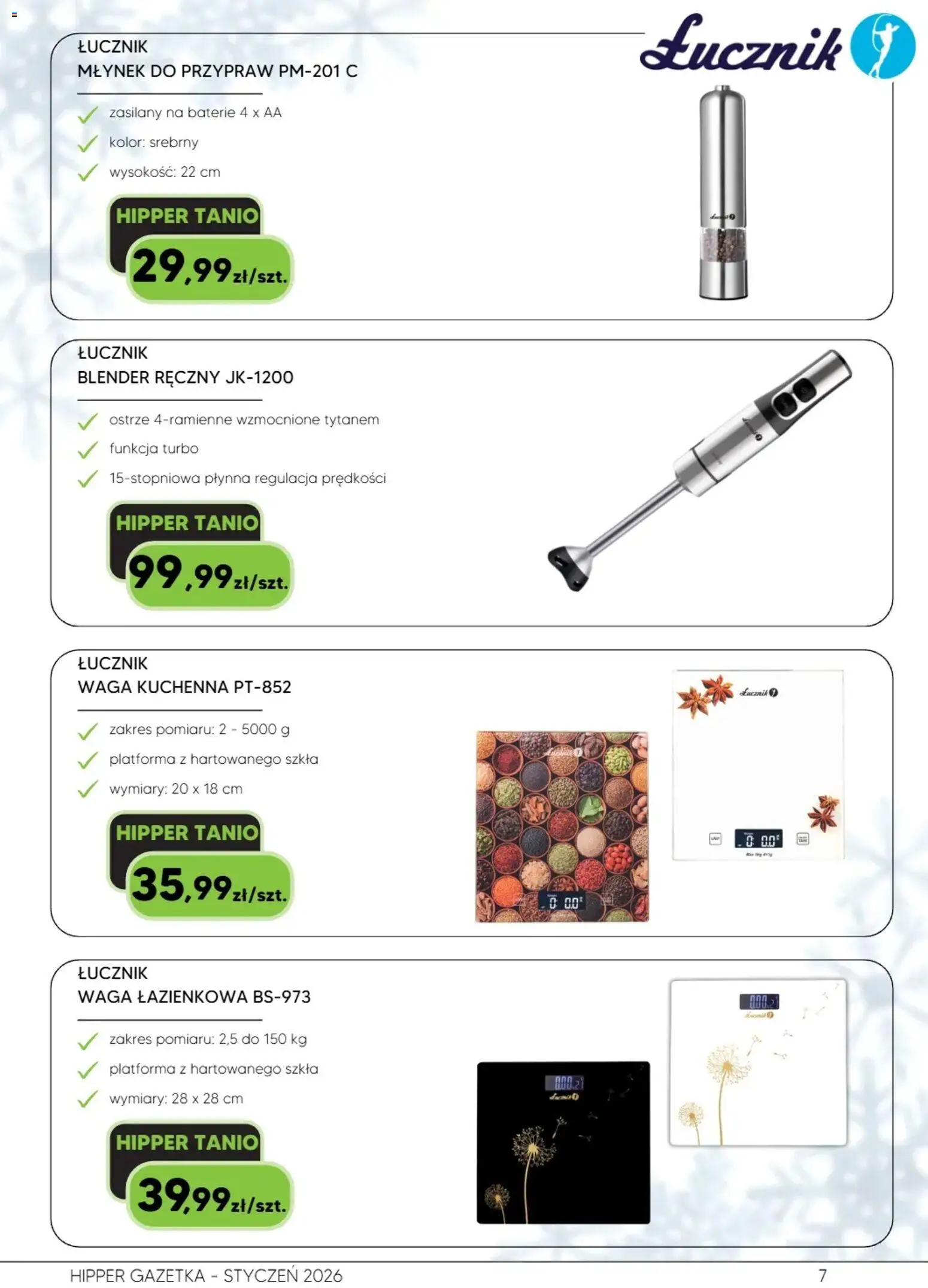 Hipper Gazetka od 10.01.2026 | Strona: 7 | Produkty: Blender ręczny, Waga, Młynek, Waga łazienkowa