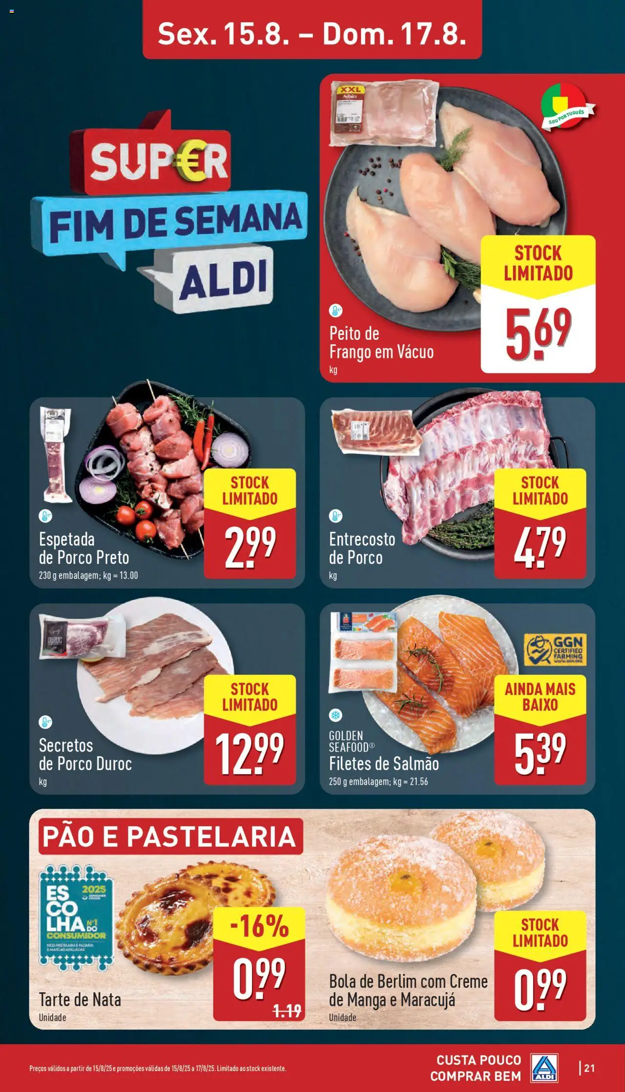 Aldi folheto │ válido de 11.08.2025 | Página: 21 | Produtos: Peito de frango, Pão, Tarte, Nata