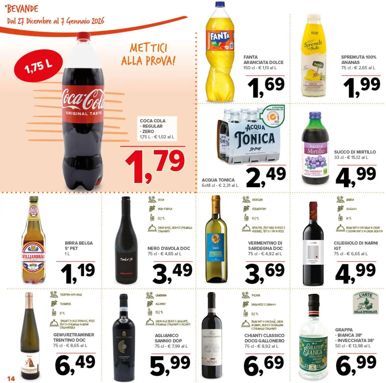 Volantino Todis del 27.12.2025 | Pagina: 14 | Prodotti: Succo, Pesce, Acqua tonica, Grappa