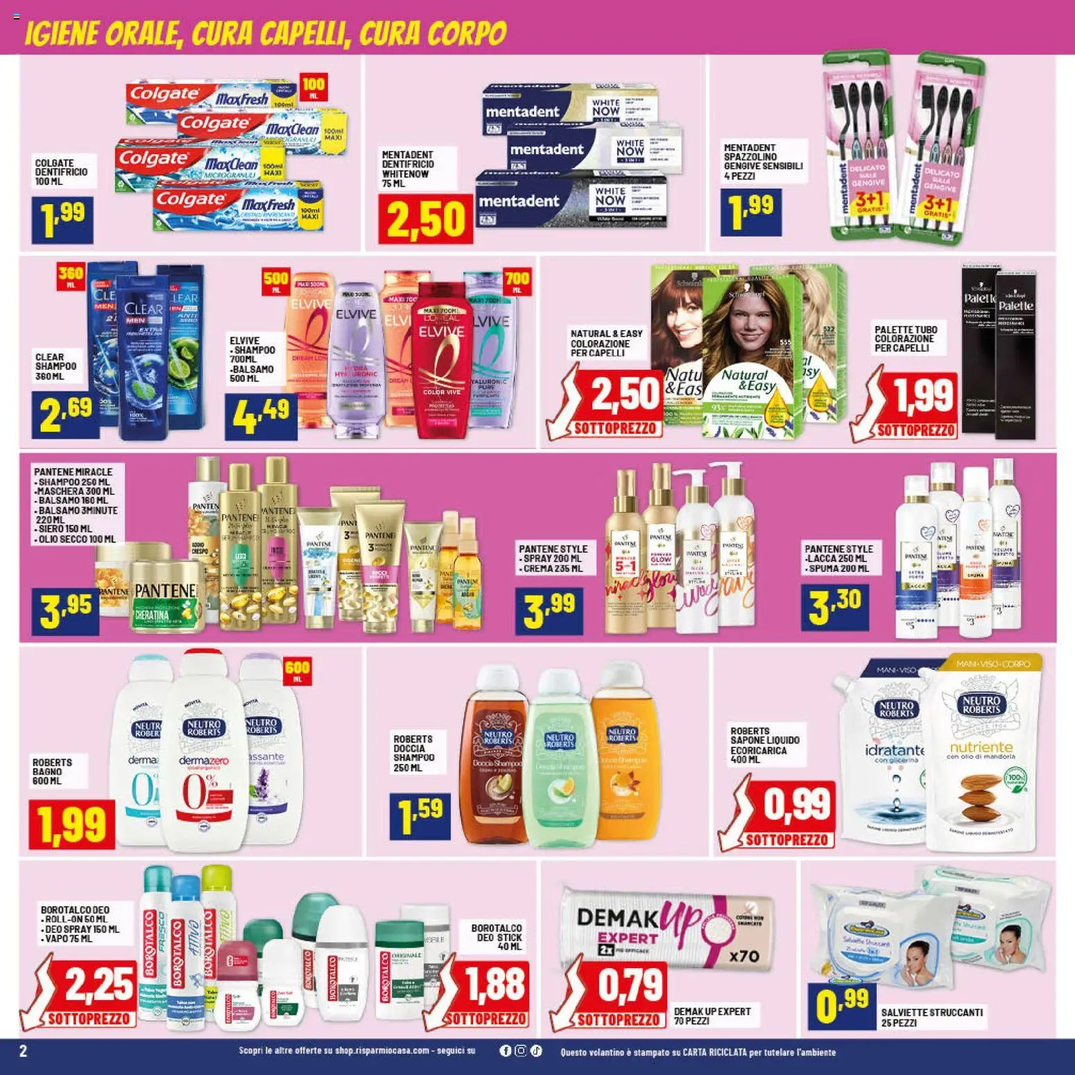 Volantino RisparmioCasa del 24.01.2026 | Pagina: 2 | Prodotti: Shampoo, Salviette struccanti, Sapone, Doccia