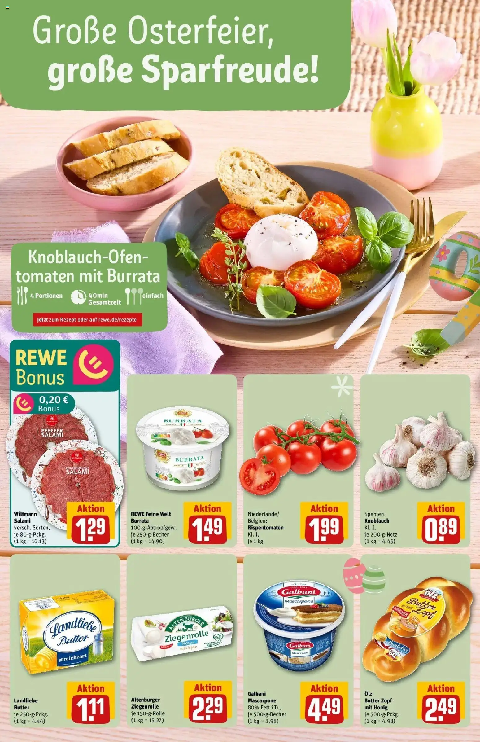 Rewe Prospekt Weilmünster	 – gültig ab 30.03.2026 | Seite: 4 | Produkte: Landliebe butter, Tomaten, Knoblauch, Salami
