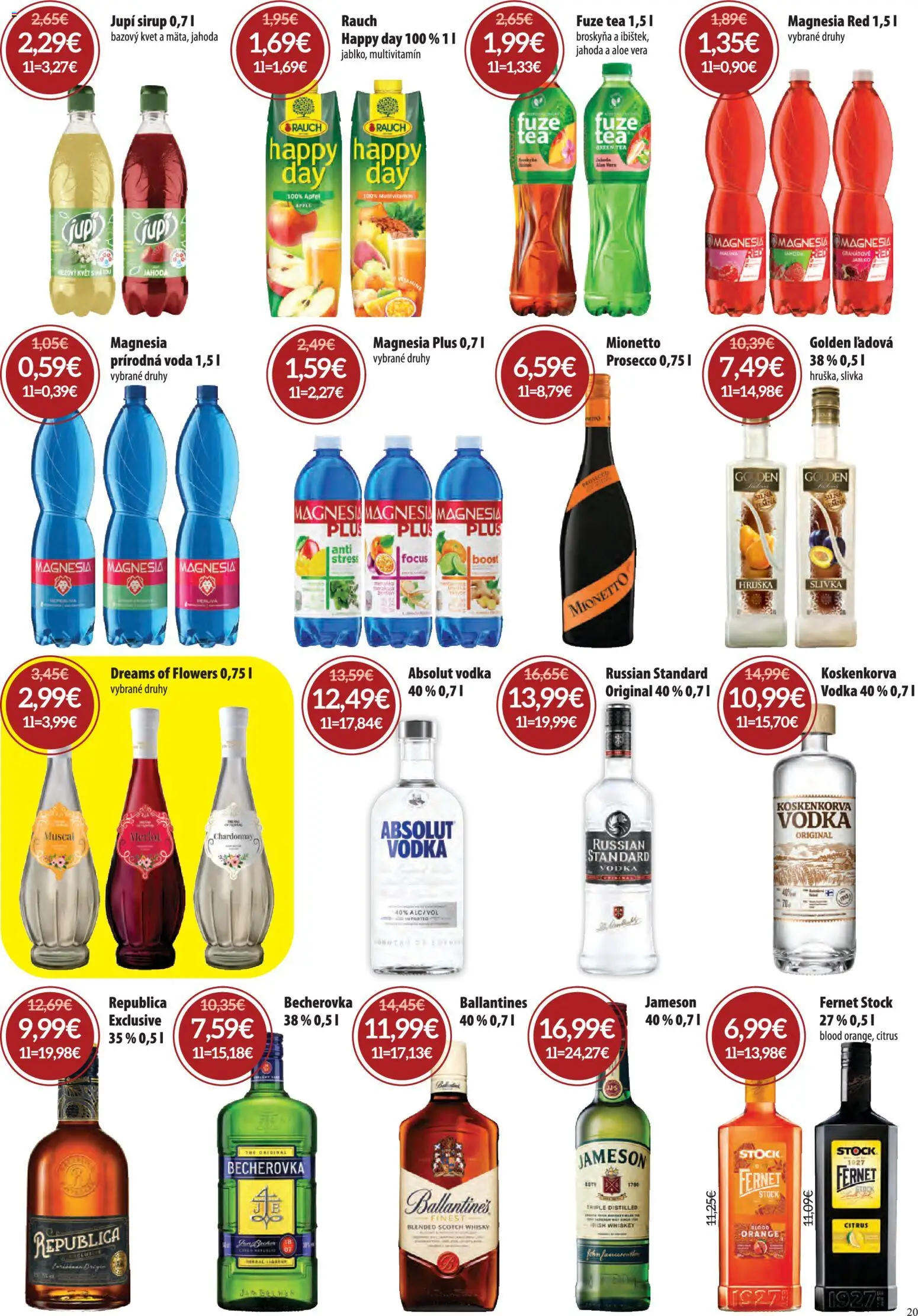 Nové Nitrazdroj akcie – leták je platný od 05.03.2026 | Strana: 20 | Produkty: Becherovka, Vodka, Absolut vodka, Fernet Stock