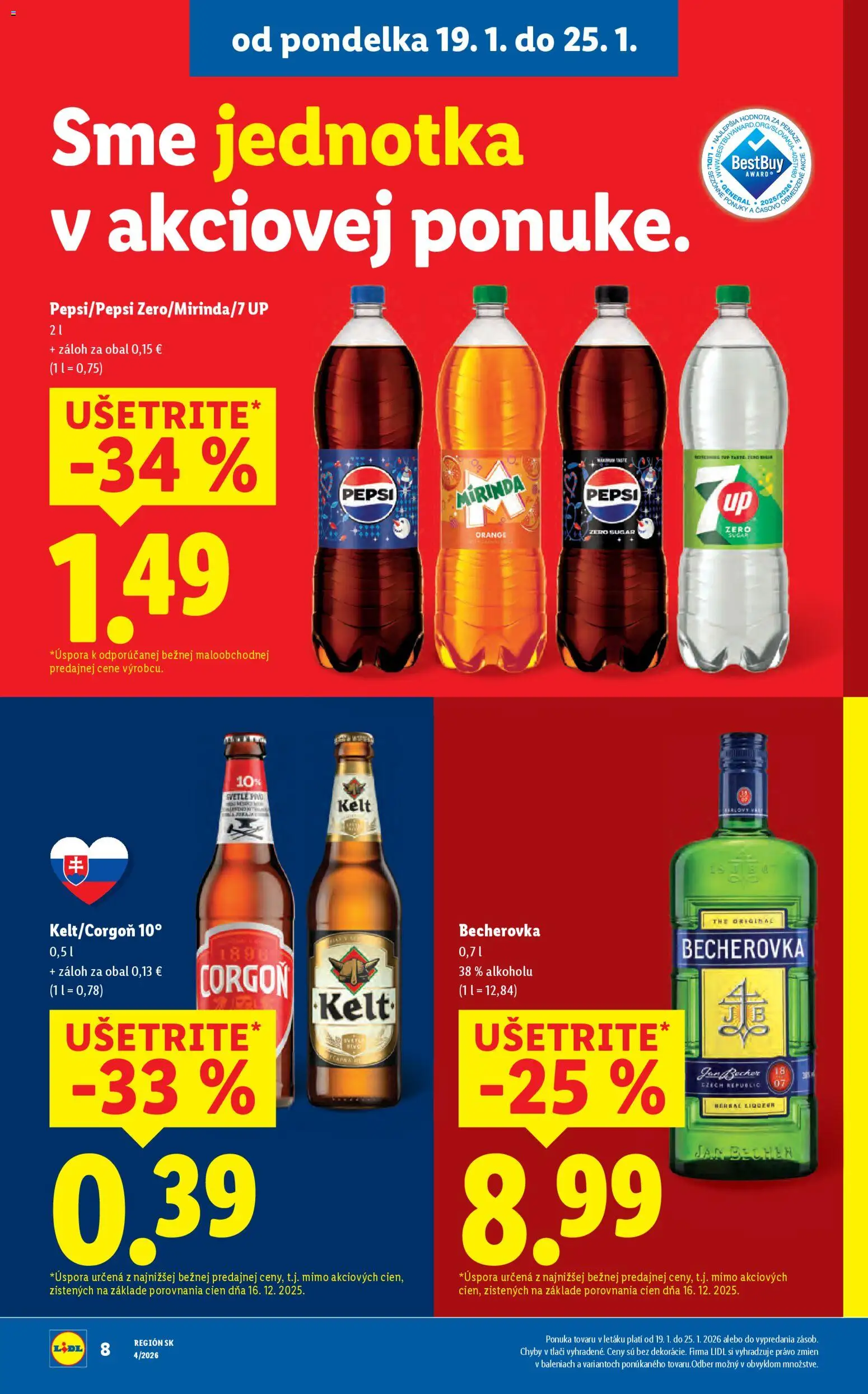 Nové Lidl akcie – leták je platný od 19.01.2026 | Strana: 8 | Produkty: Kelt, Corgoň, Pepsi, Mirinda