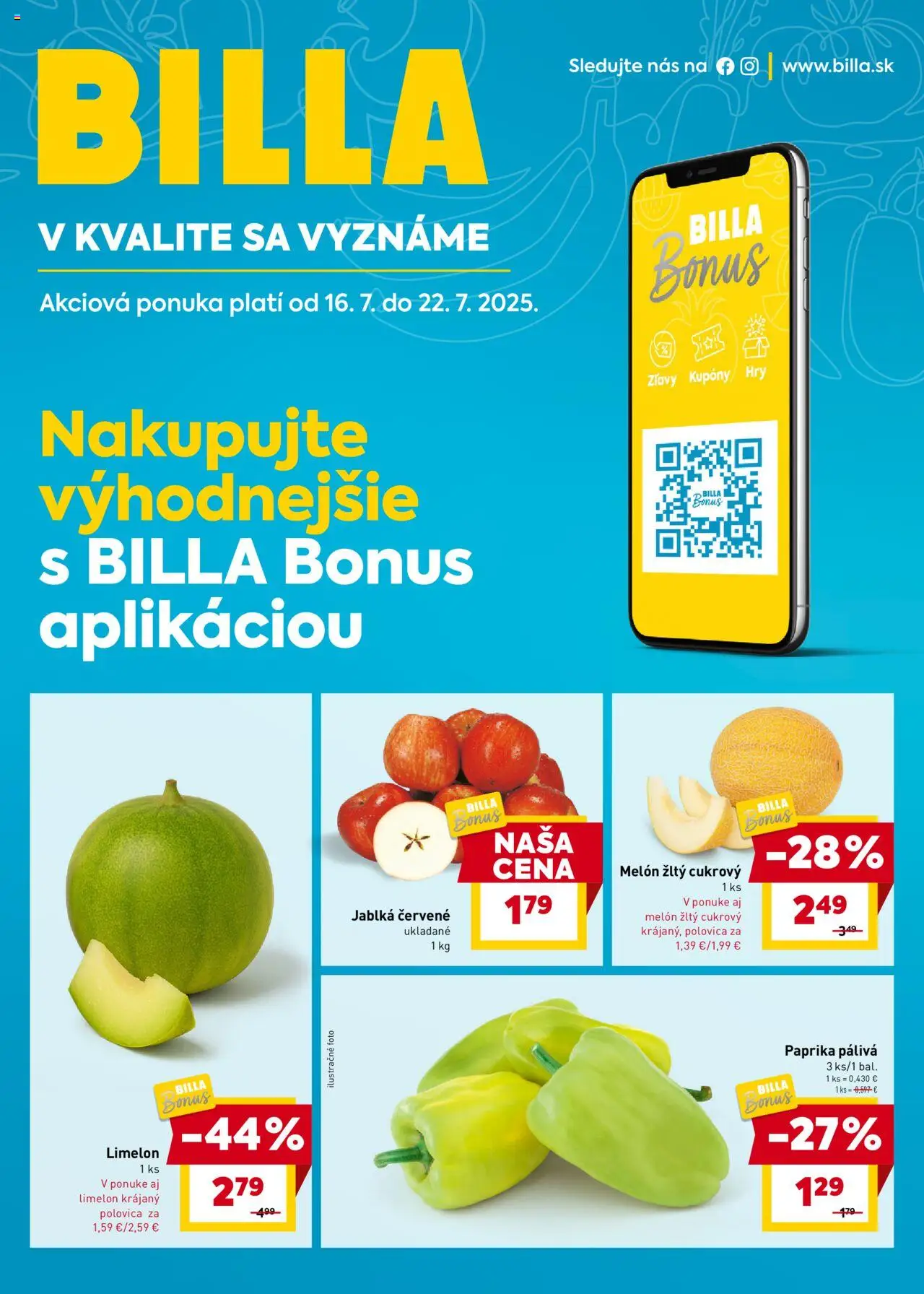 Billa Bonus leták │ platný od 16.07.2025 | Strana: 1 | Produkty: Paprika, Jablká, Melón