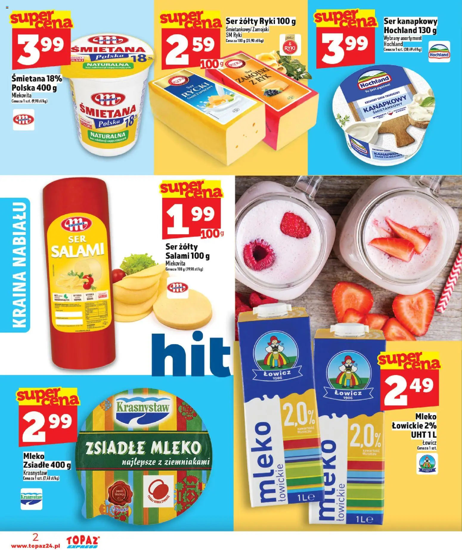 Topaz gazetka - Express od 09.04.2026 | Strona: 2 | Produkty: Ser żółty, Zsiadłe mleko, Mleko, Salami