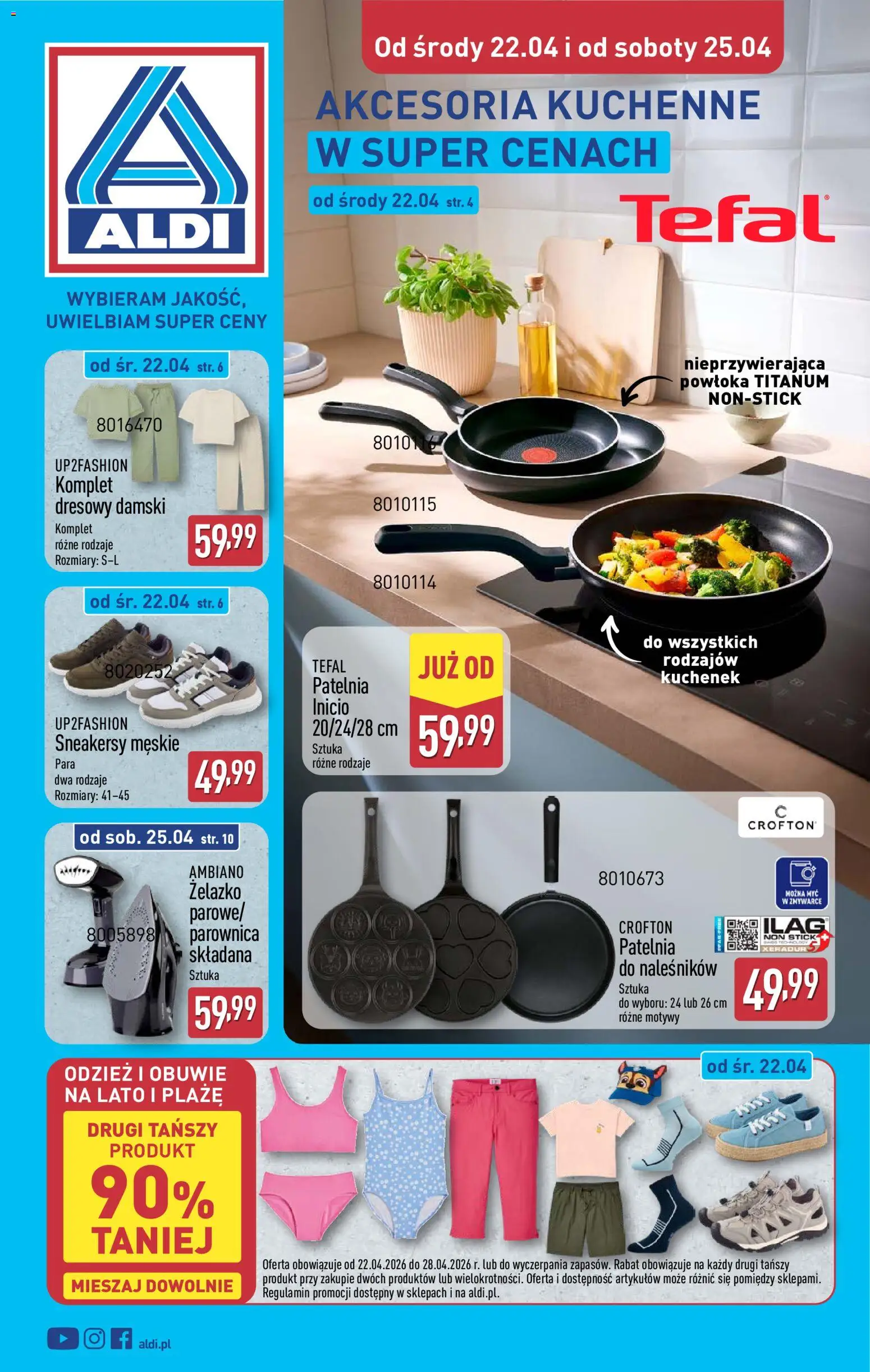 Aldi gazetka - Hity od Środy i od Soboty od 22.04.2026 | Strona: 1 | Produkty: Parownica, Patelnia, Tefal