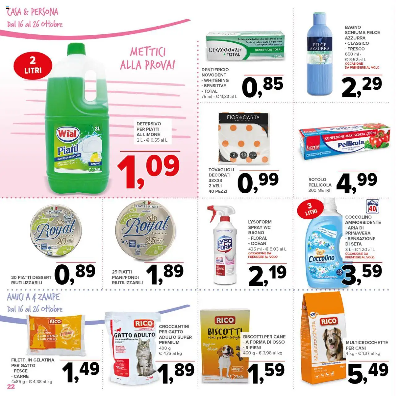 Volantino Todis del 16.10.2025 | Pagina: 22 | Prodotti: Dentifricio, Riso, Manzo, Bagno