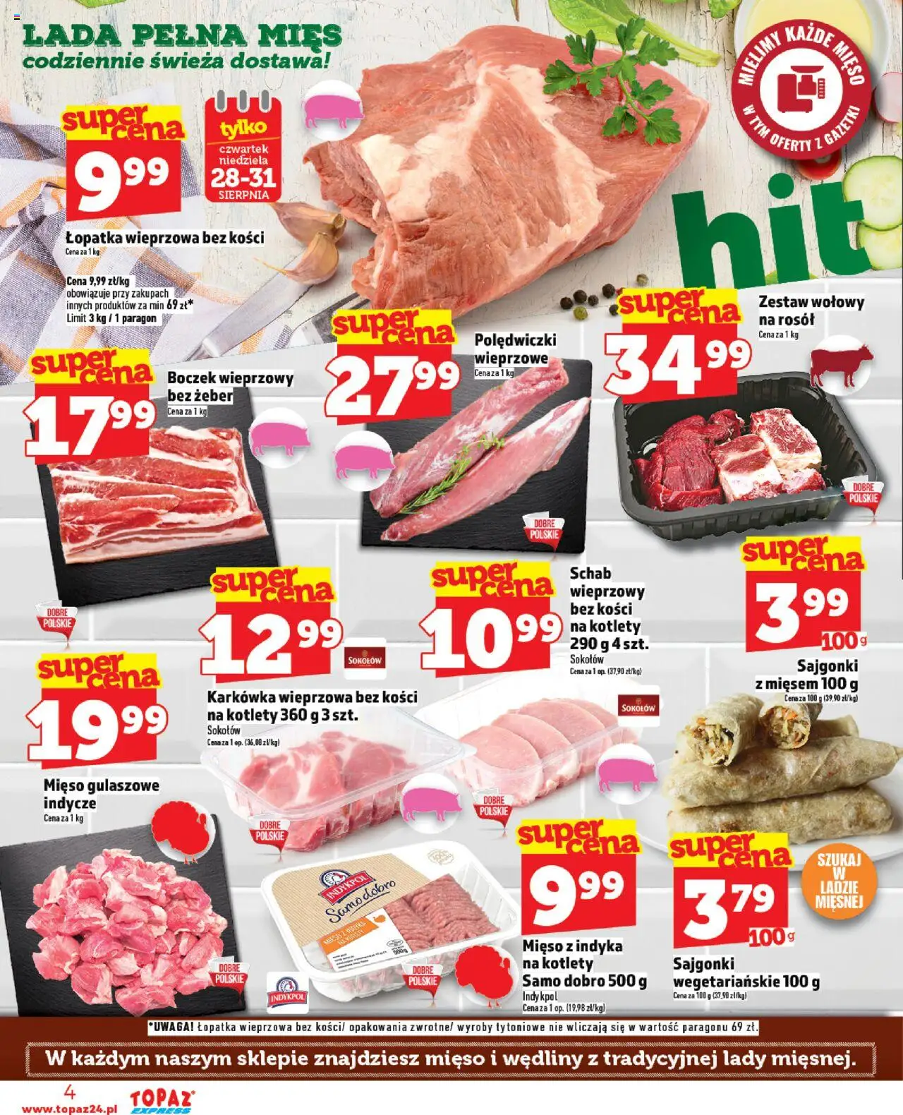 Topaz Gazetka - Express od 28.08.2025 | Strona: 4 | Produkty: Schab, Karkówka wieprzowa, Boczek wieprzowy, Mięso z indyka