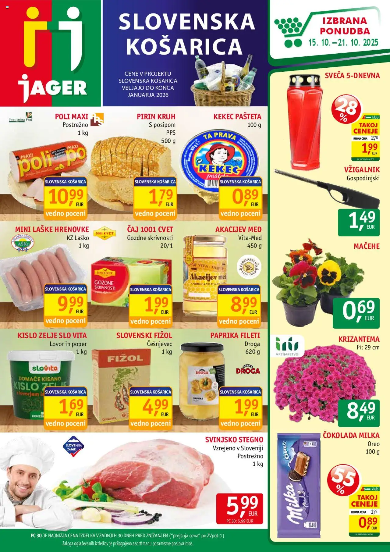 Novi Jager katalog ponudbe – veljaven od 15.10.2025 | Stran: 1 | Izdelki: Hrenovke, Lovor, Kruh, Cokolada