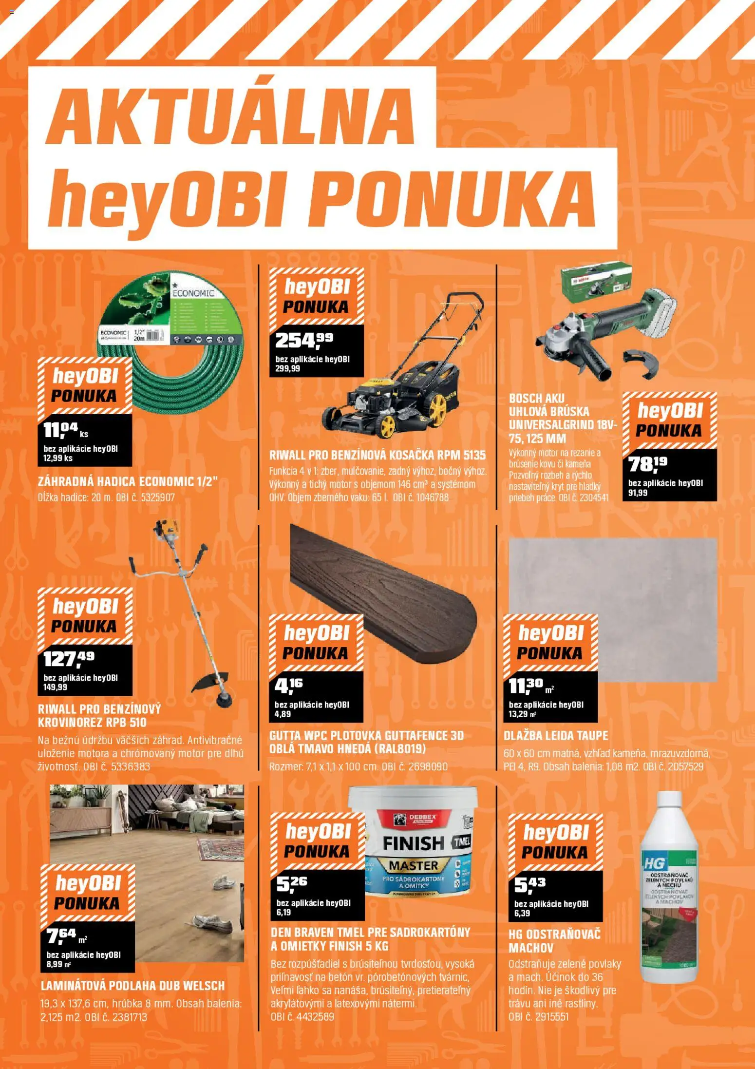 Nové OBI akcie – leták je platný od 01.04.2026 | Strana: 12 | Produkty: Krovinorez, Kosačka, Dlažba, Uhlová brúska