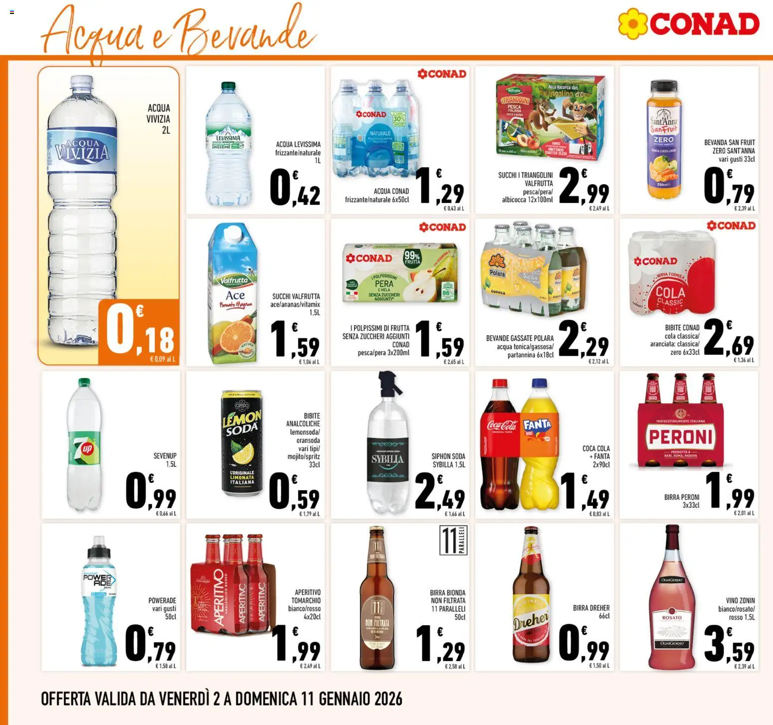Volantino Conad del 02.01.2026 | Pagina: 16 | Prodotti: Vino, Pesca, Fanta, Coca Cola