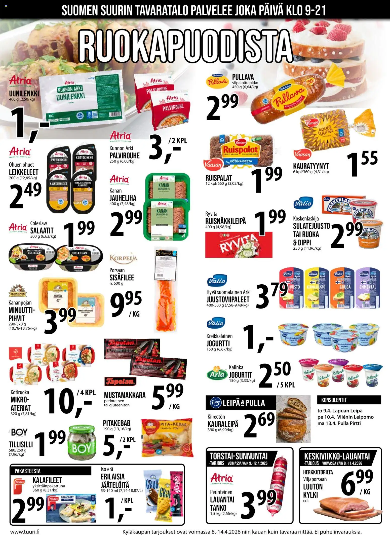 Tuuri tarjoukset – voimassa 08.04.2026 alkaen | Sivu: 7 | Tuotteet: Jauheliha, Kreikkalainen jogurtti, Porsaan sisäfilee, Pulla