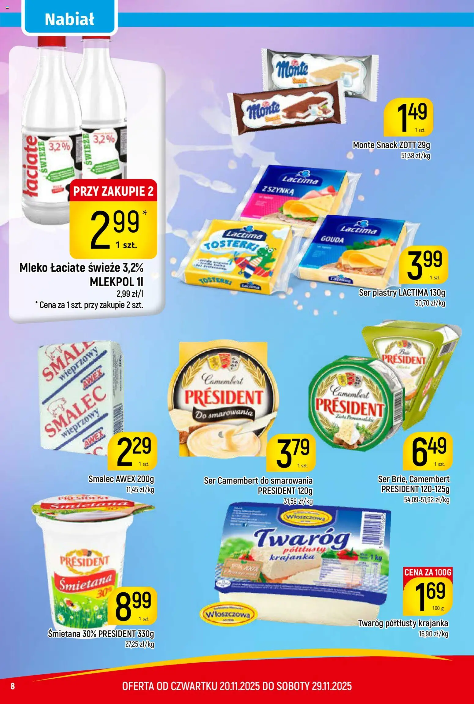 Piotruś Pan Gazetka od 20.11.2025 | Strona: 8 | Produkty: Twaróg półtłusty, Szynka, Śmietana, Twaróg