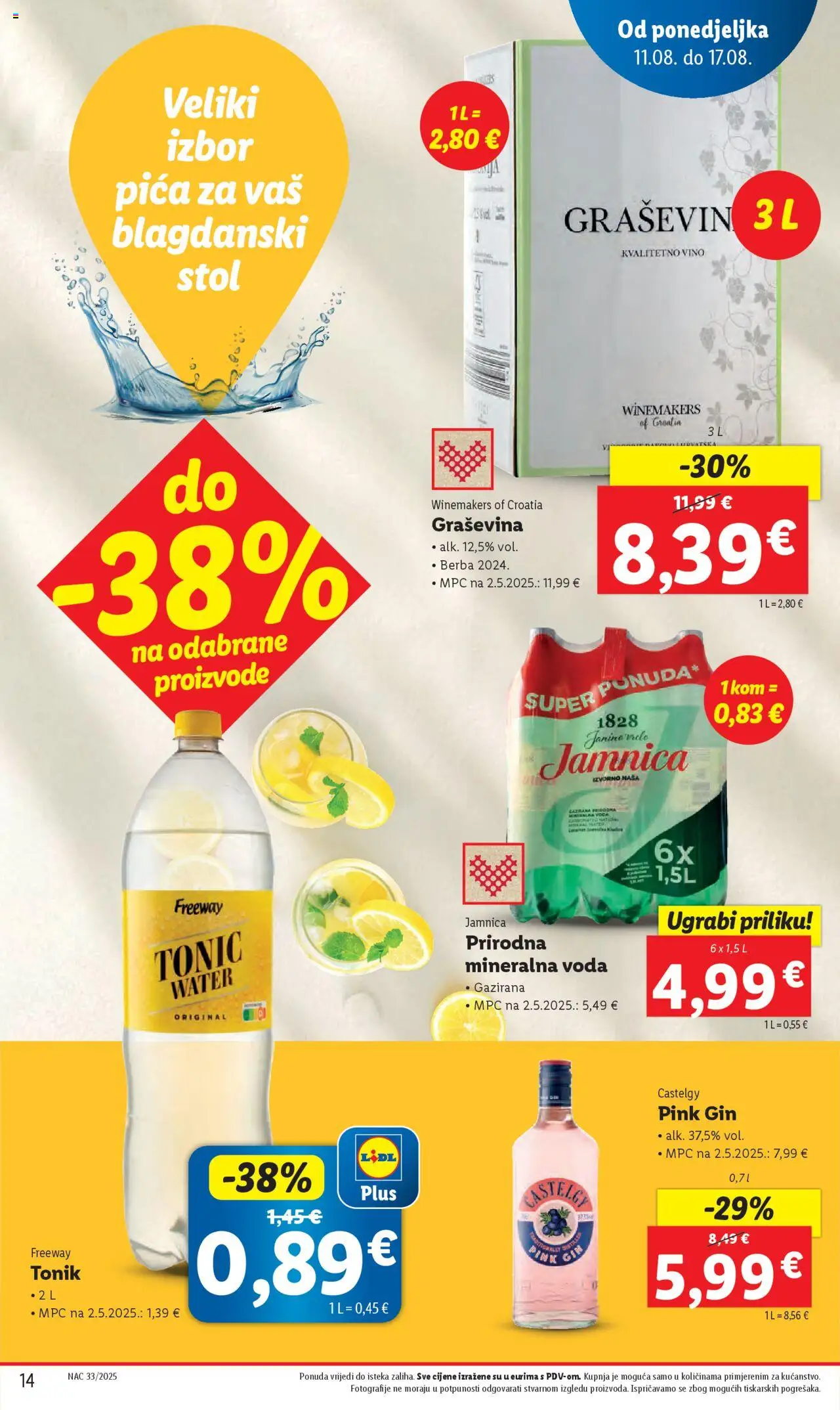 Lidl katalog | vrijedi od 11.08.2025 | Stranica: 14 | Proizvodi: Mineralna voda, Stol, Vino, Tonic