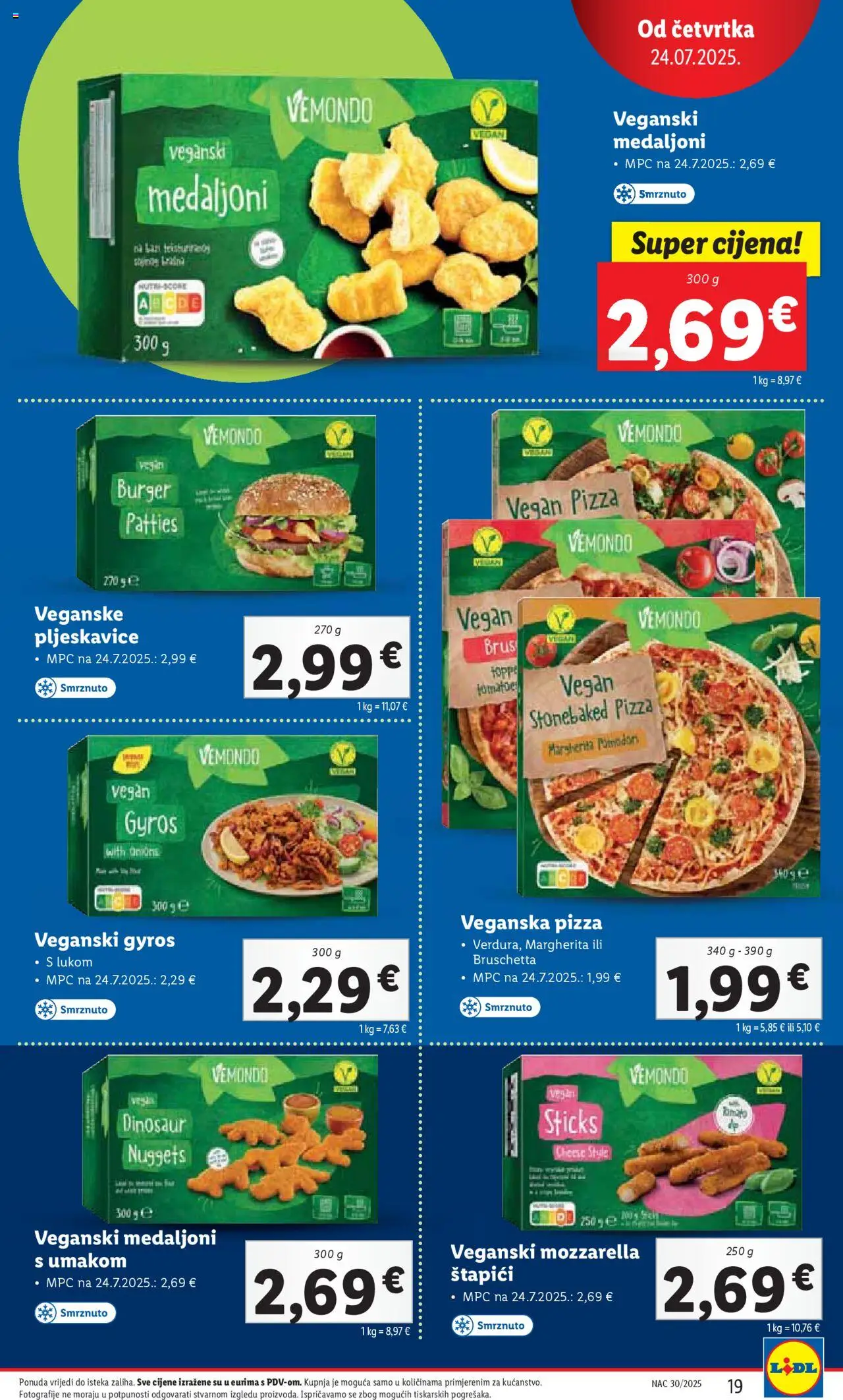 Lidl katalog | vrijedi od 24.07.2025 | Stranica: 19 | Proizvodi: Mozzarella, Pizza, Pljeskavice, Štapići