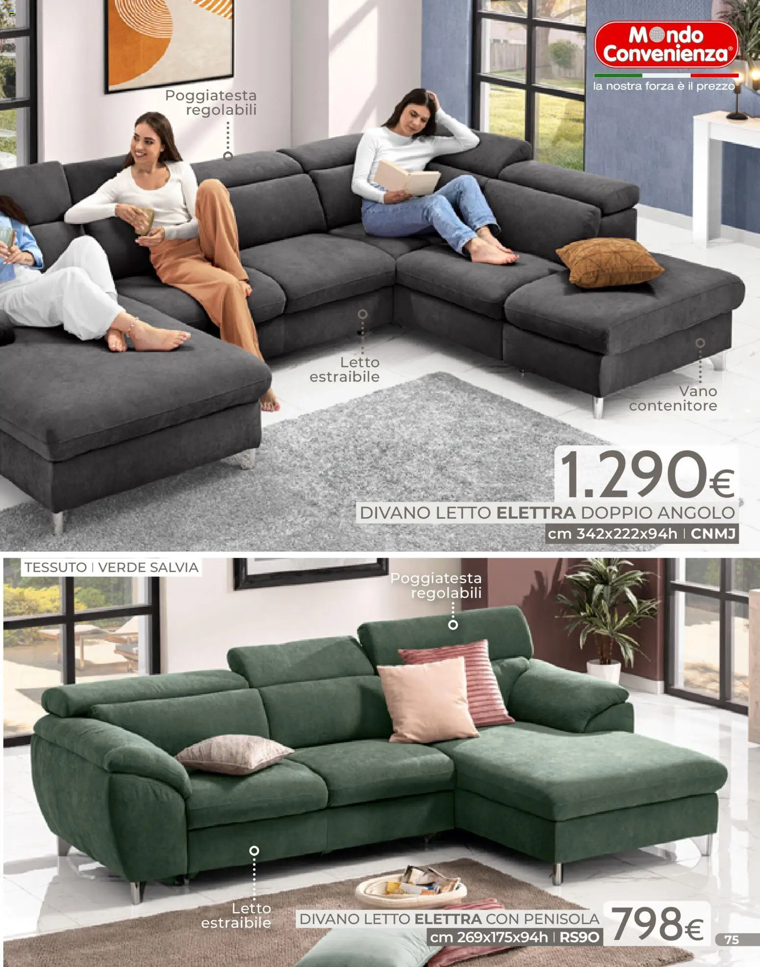 Volantino Mondo Convenienza del 04.01.2026 | Pagina: 75 | Prodotti: Divano letto, Contenitore, Letto, Divano