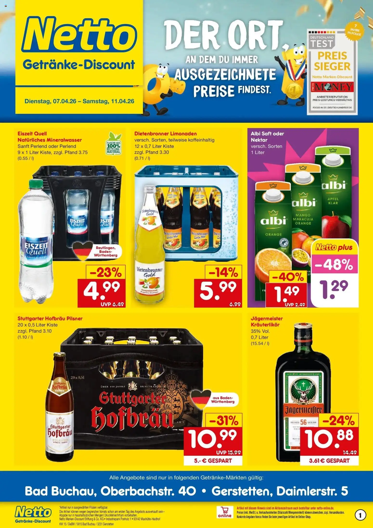 Netto Marken-Discount Prospekt Gerstetten	 – gültig ab 07.04.2026 | Seite: 1 | Produkte: Cola, Äpfel, Jägermeister, Saft