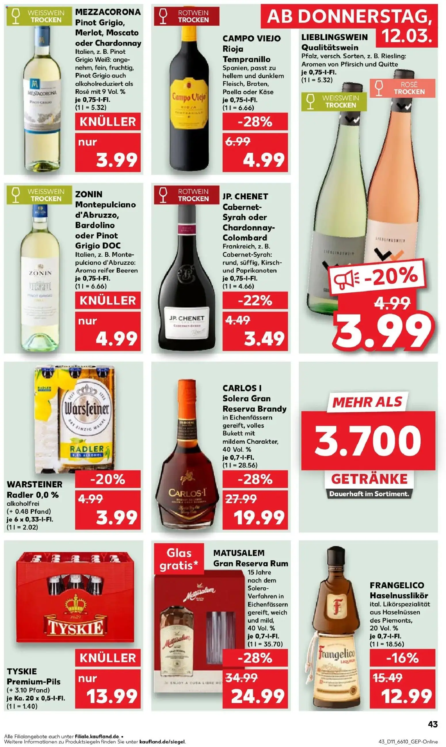 Kaufland Prospekt Monschau	 – gültig ab 12.03.2026 | Seite: 43 | Produkte: Tyskie, Weißwein, Rum, Warsteiner